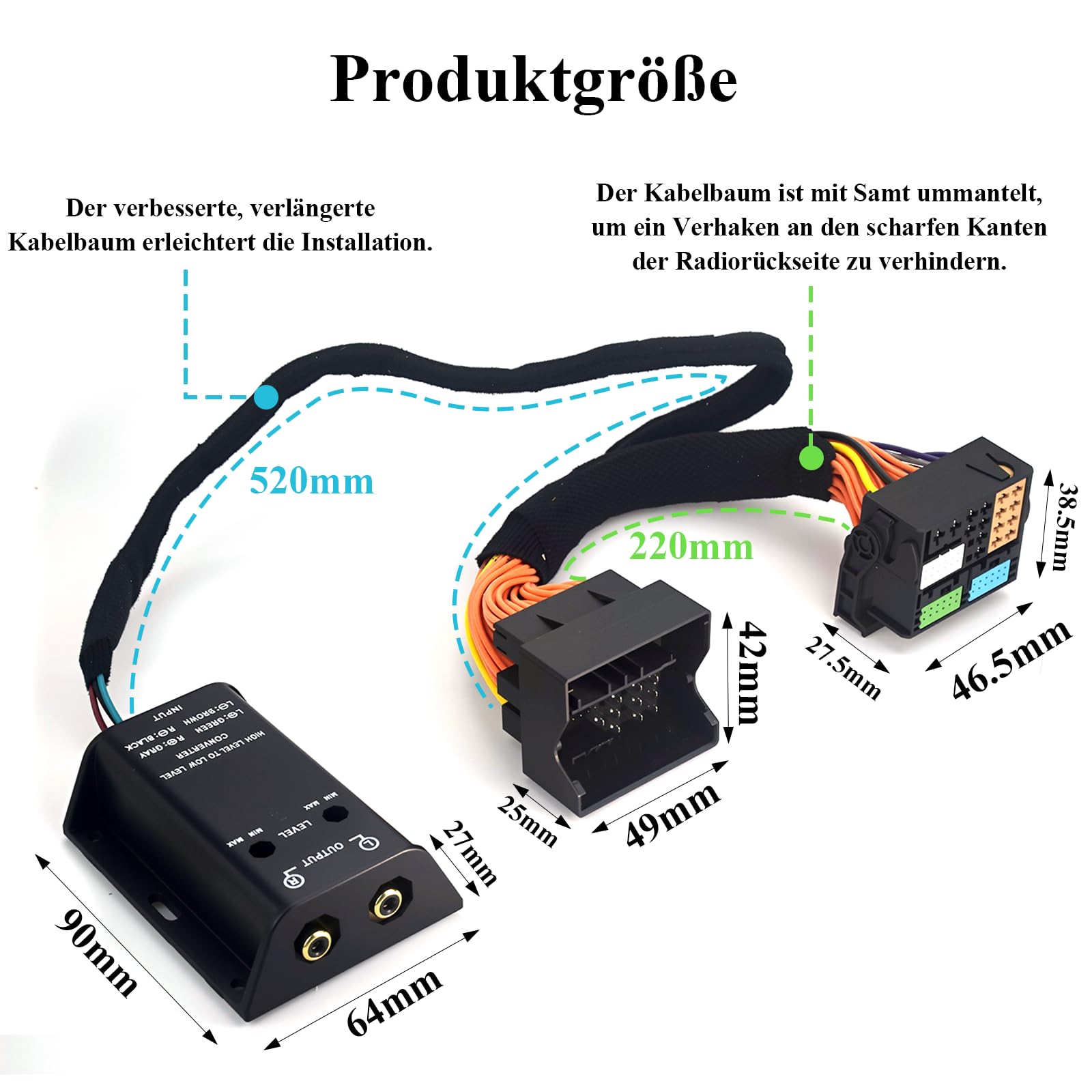 High Low Adapter Subwoofer Converter für Auto Radio Endstufe 2 Kanal Chinch Adapter Kabel auf Quadlock Ausgang Verlängerungskabel High-Low passend für BMW Ford Mercedes Seat Skoda VW