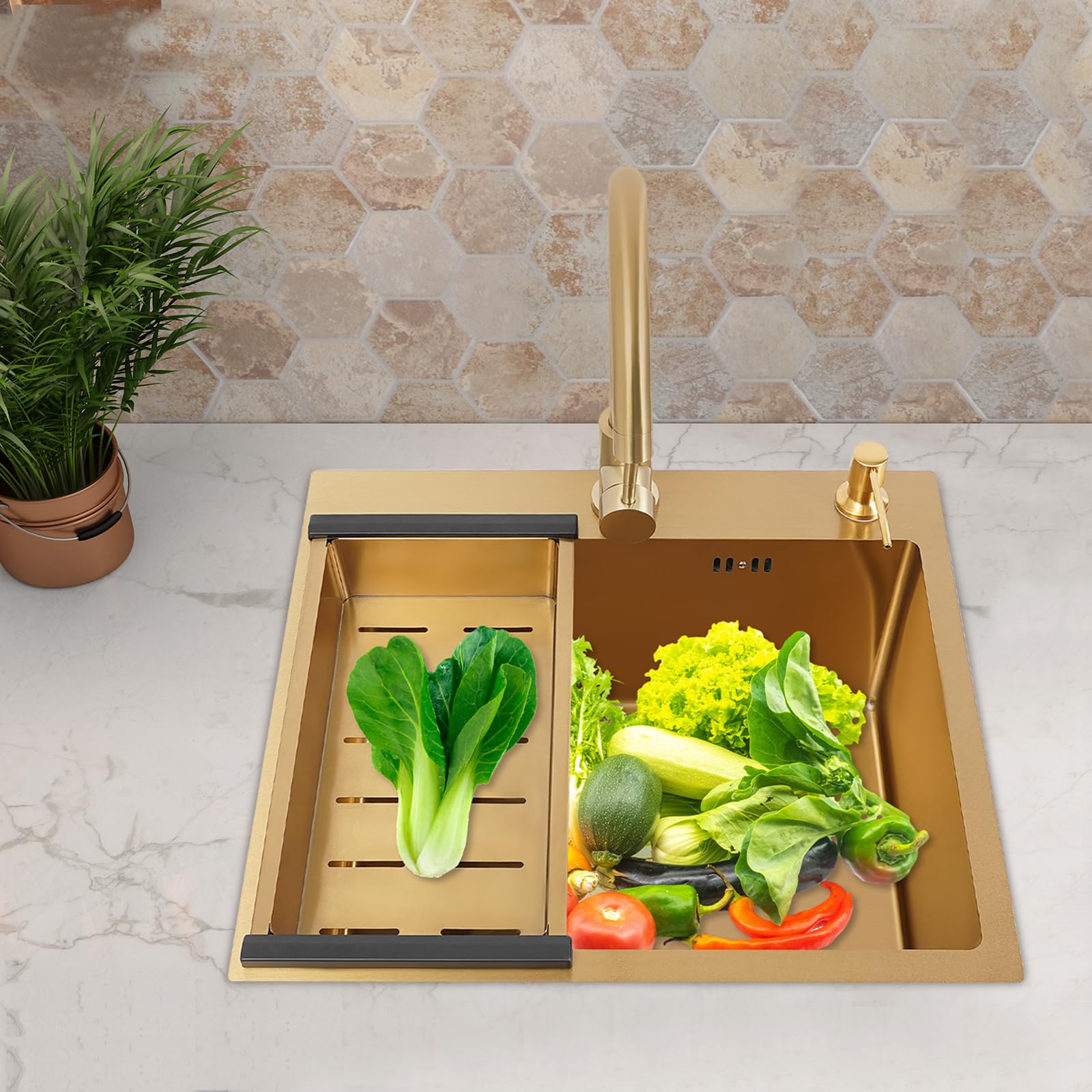 Fregadero de cocina de acero inoxidable 50x45 cm, fregadero de cocina de 1 seno, fregadero empotrable con grifo y escurridor, dorado