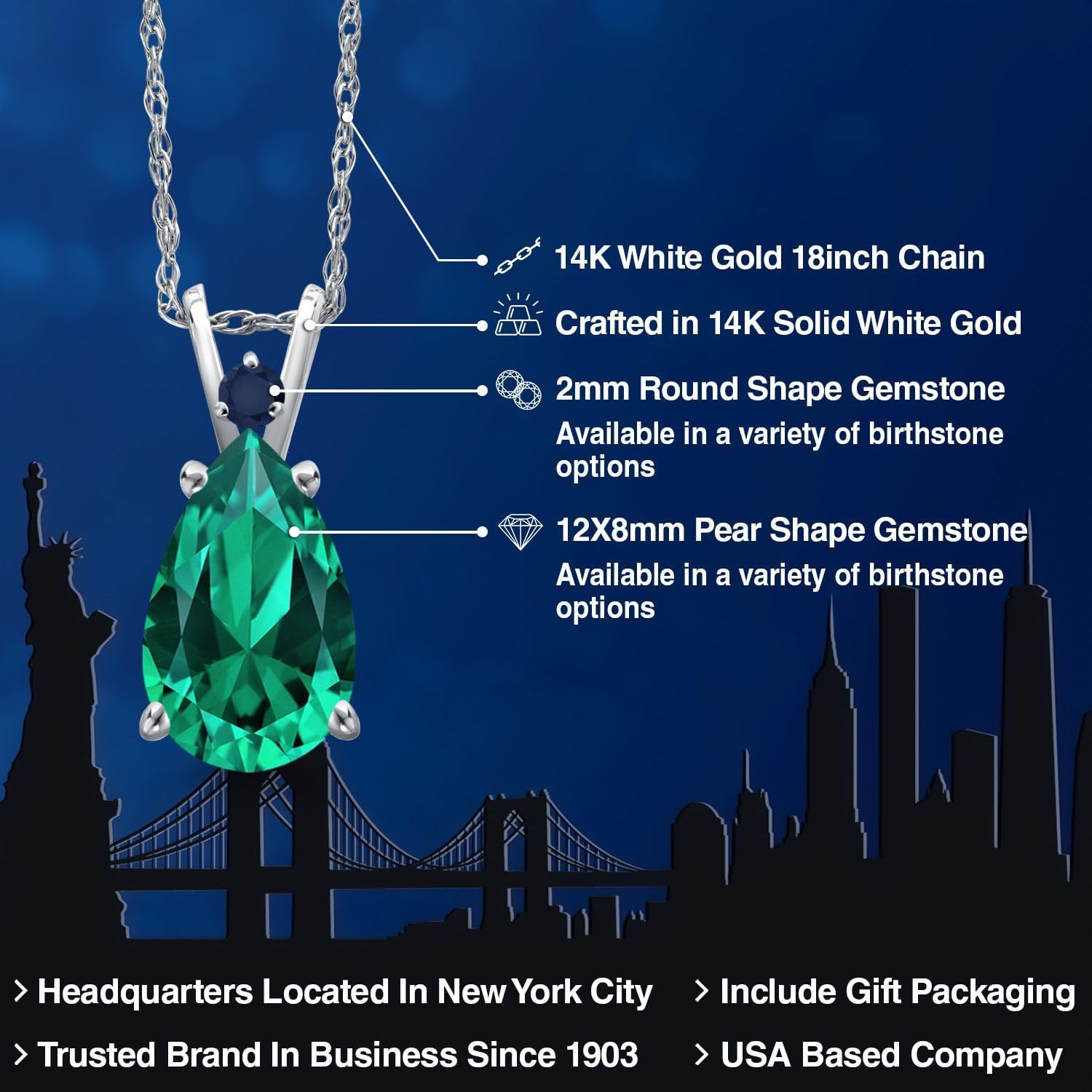 Gem Stone King 14K White Gold Green Nano Emerald and Blue Sapphire Pendant Necklace for Women | 2.48 Cttw | Gemstone May Birthstone | Pear Shape 12X8MM | With 18 Inch Chain - Image 2