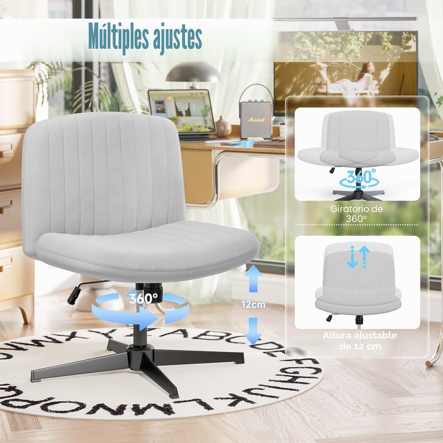Silla de oficina ergonómica con patas cruzadas, sin brazos, silla sin ruedas, franela ancha y suave, giro de 360° y altura ajustable, diseño moderno para el hogar (gris)