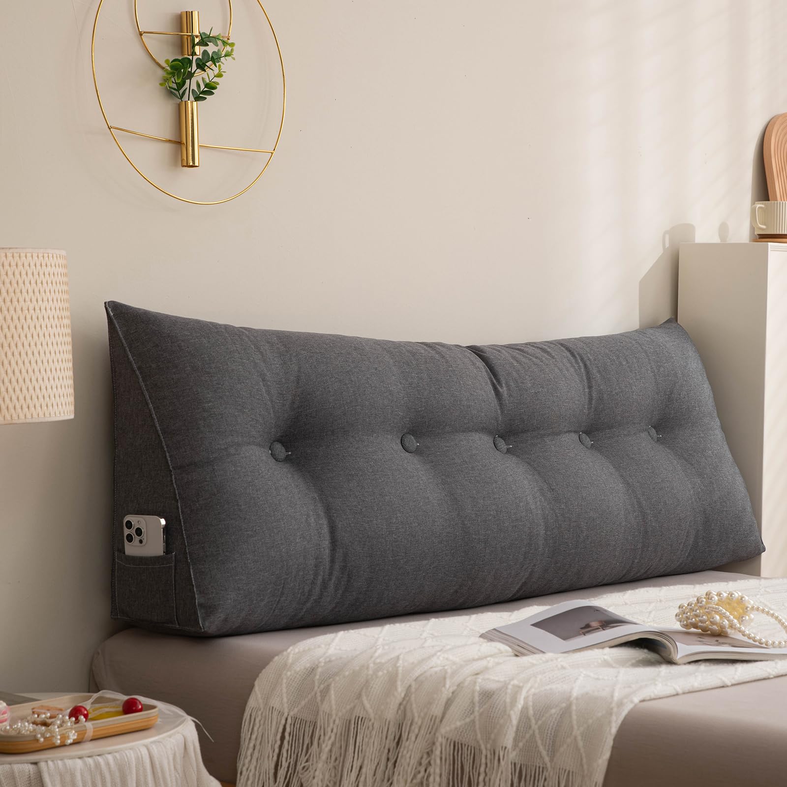 Cuscino di supporto lombare ergonomico in lino, rimovibile, lavabile, cuscino a cuneo per collo, spalle, sollievo lombare, ideale per lettura e TV, grigio scuro, 200 cm