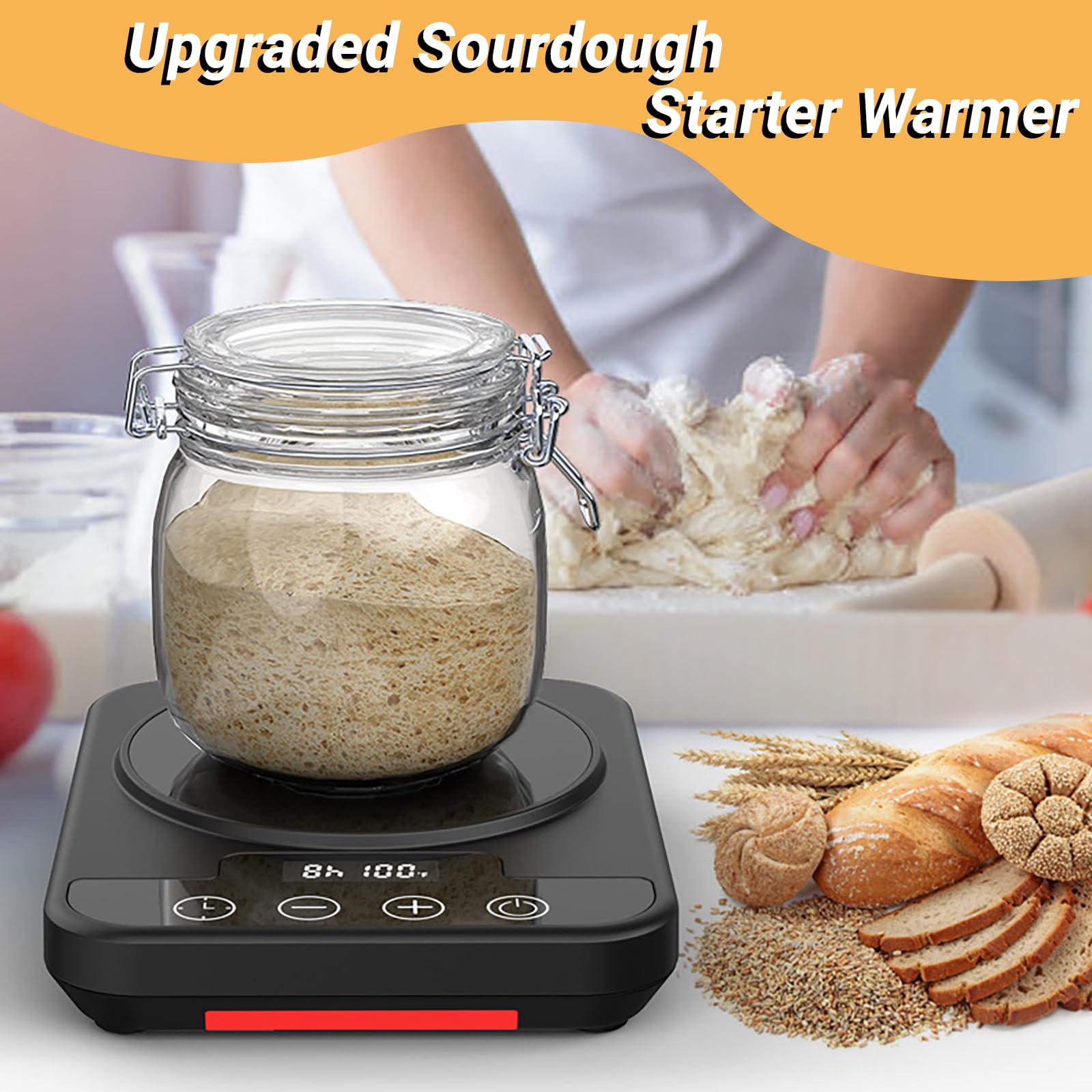 Calentador para Masa Madre con Control Preciso de Temperatura de 1° (21-38℃), Temporizador de 12H, Compatible con Tarros de hasta 40oz, Panadería Casera y Fermentación de Masa