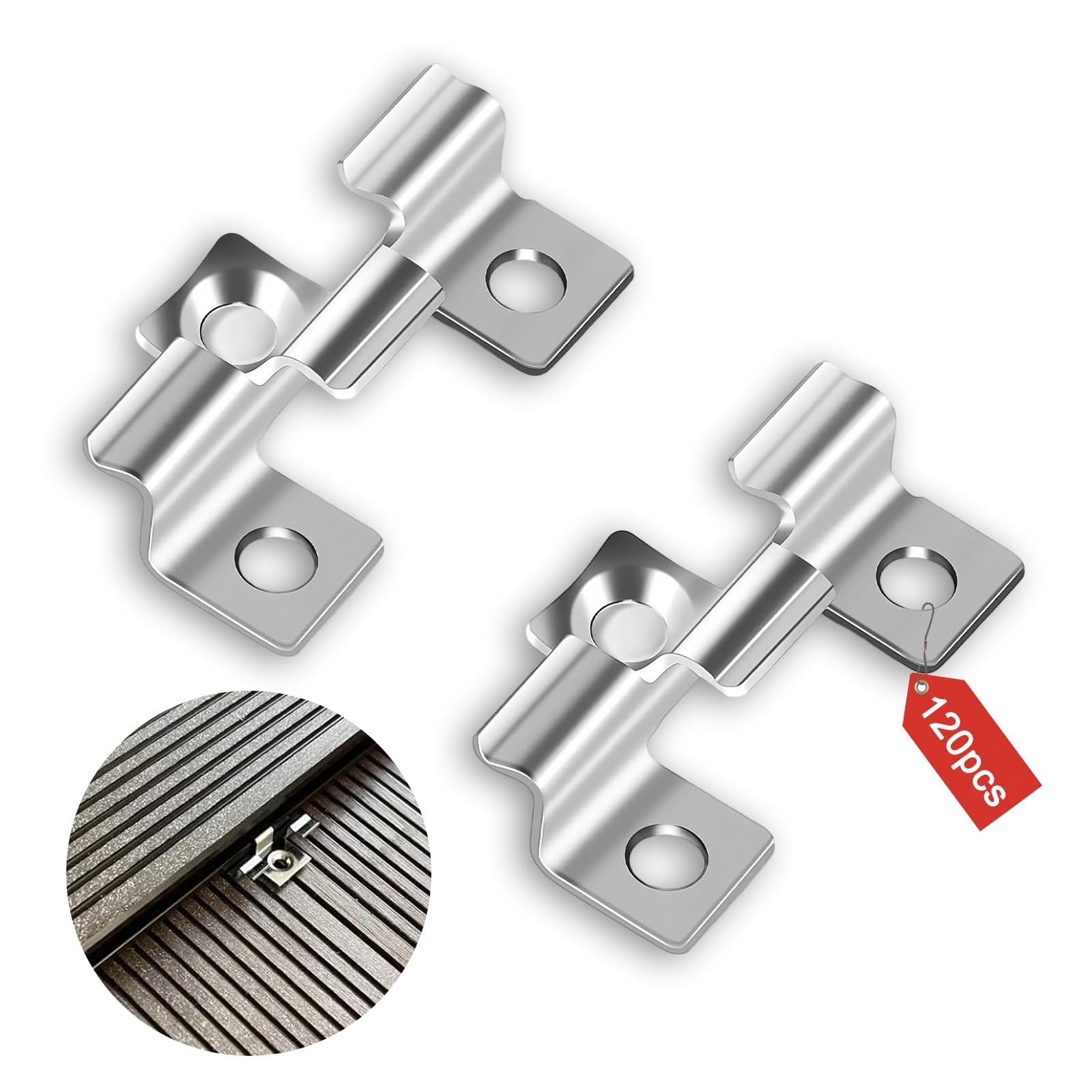 Clips de Fijación para Terraza, 120 Piezas Sujetadores Ocultos para Cubierta, Clips de Cubierta Compuestos Acero Inoxidable, Ancho Sujeción 7,5 mm, para Suelos de Madera Maciza y Laminados