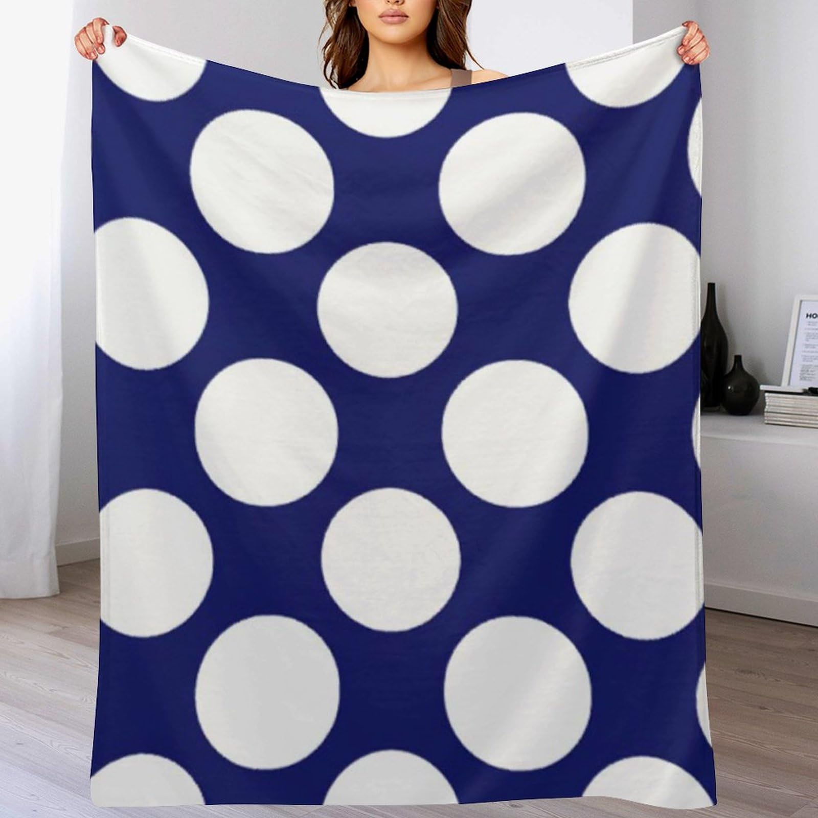Manta de felpa, color azul marino, blanco, lunares, suave, esponjosa, acogedora, manta de franela para todas las estaciones, para sofá cama, 60 x 80 pulgadas