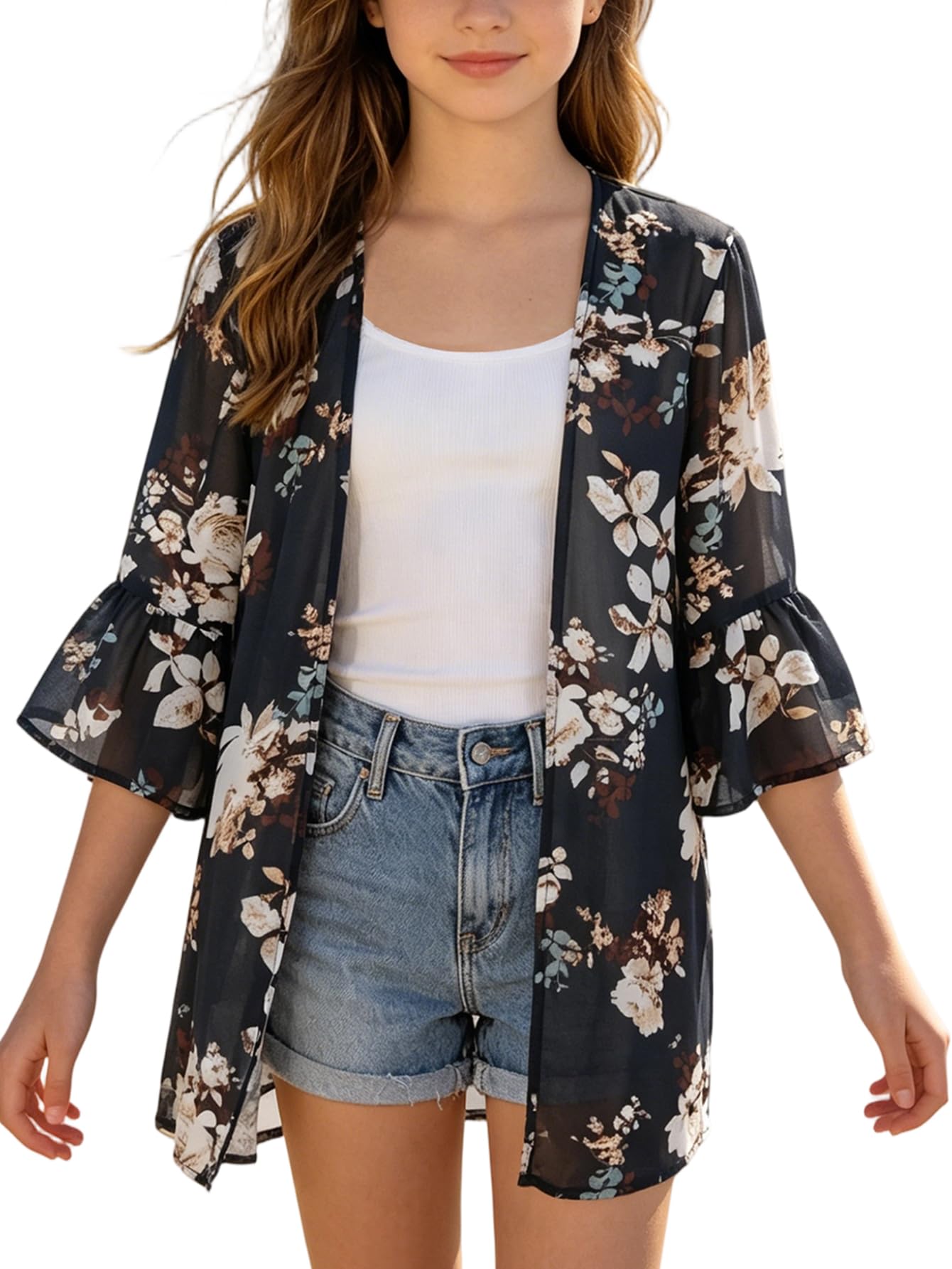 GORLYA Girls Floral Chiffon Kimono Beach Cover Up 4-14Y