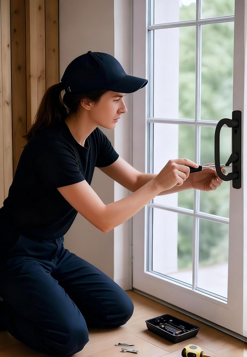 Sliding Glass Patio Door Handle Replacement Set, Zinc Diecast, Fits 1-3/8" to 2-1/4" Thick Doors, 3-15/16inch(10cm) Hole Spacing Keyed (Offset Position, Black)