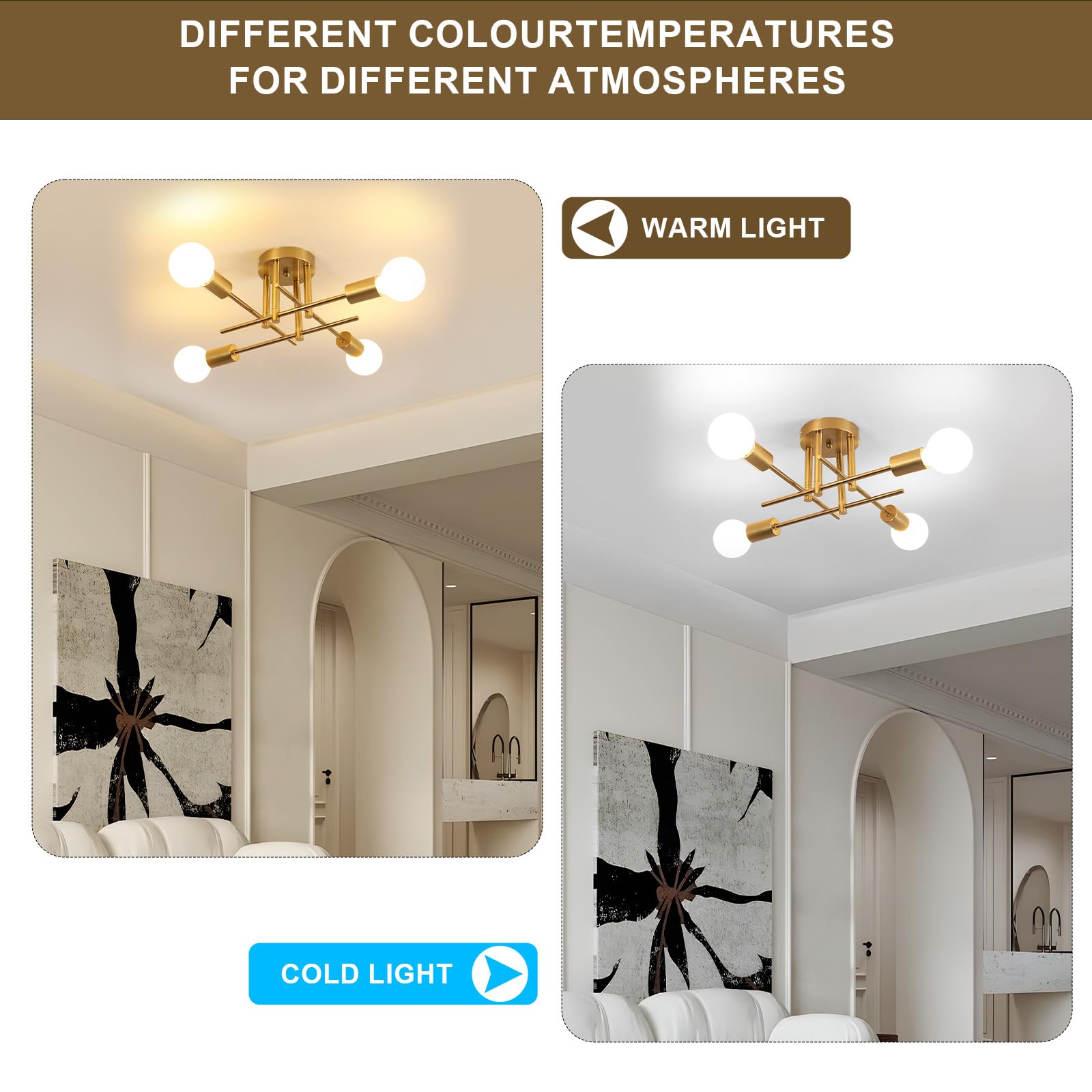 Comely Deckenlampe Vintage 4-Flammig, Industrielle Deckenleucht Gold mit E27-Fassung, Kronleuchter Retro für Wohnzimmer Schlafzimmer Esszimmer Flur