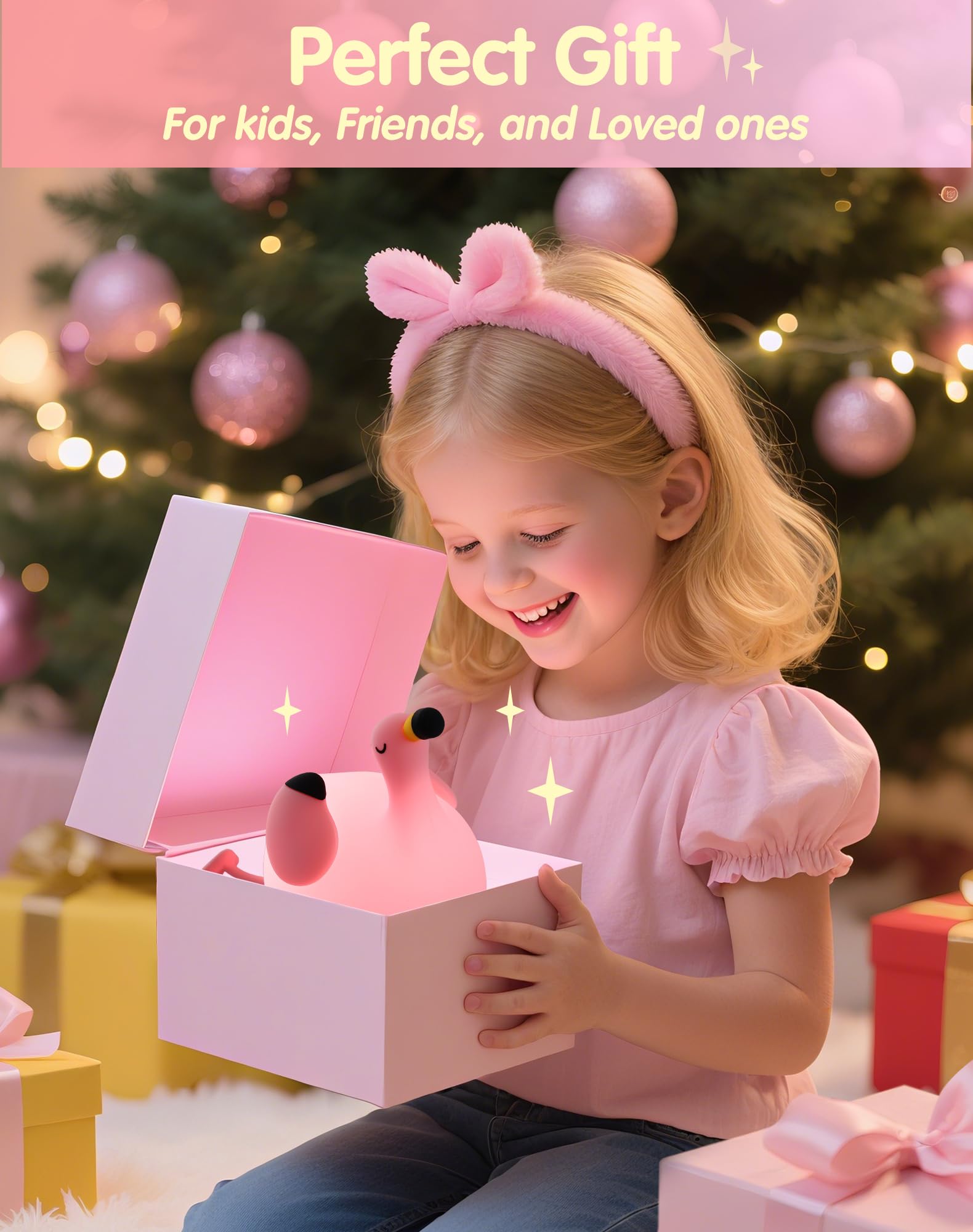 YISUN Veilleuse flamant rose pour enfants, lampe de chevet LED rechargeable en silicone souple avec minuterie, 3 niveaux à intensité variable, jolie veilleuse pour chambre à coucher, salon, salle à
