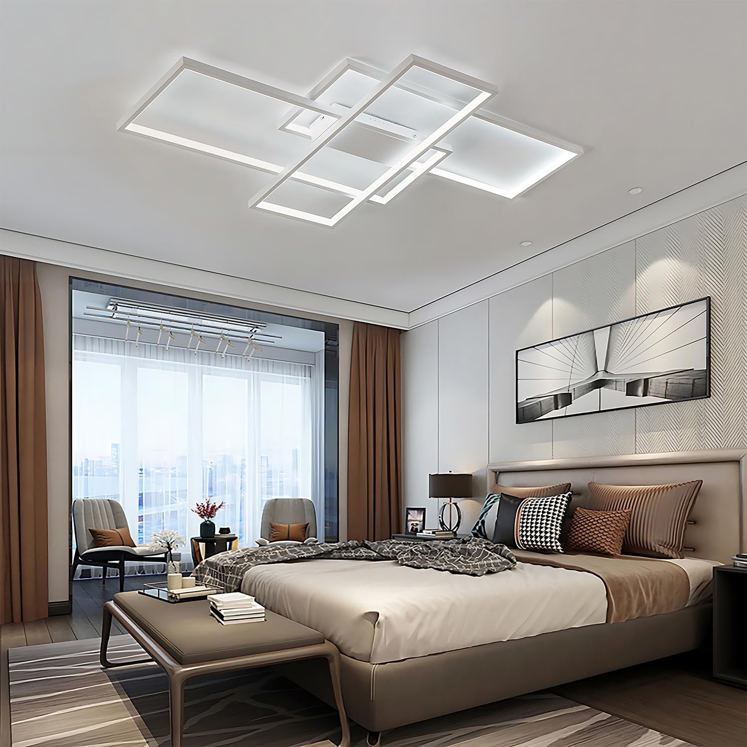 Lampa sufitowa LED, przyciemniana, pilot zdalnego sterowania, 3000–6000 K, nieregularny, prostokątny kształt, akrylowa, do salonu, kuchni, energooszczędna, dekoracyjna, czarna, 80x45cm /65W