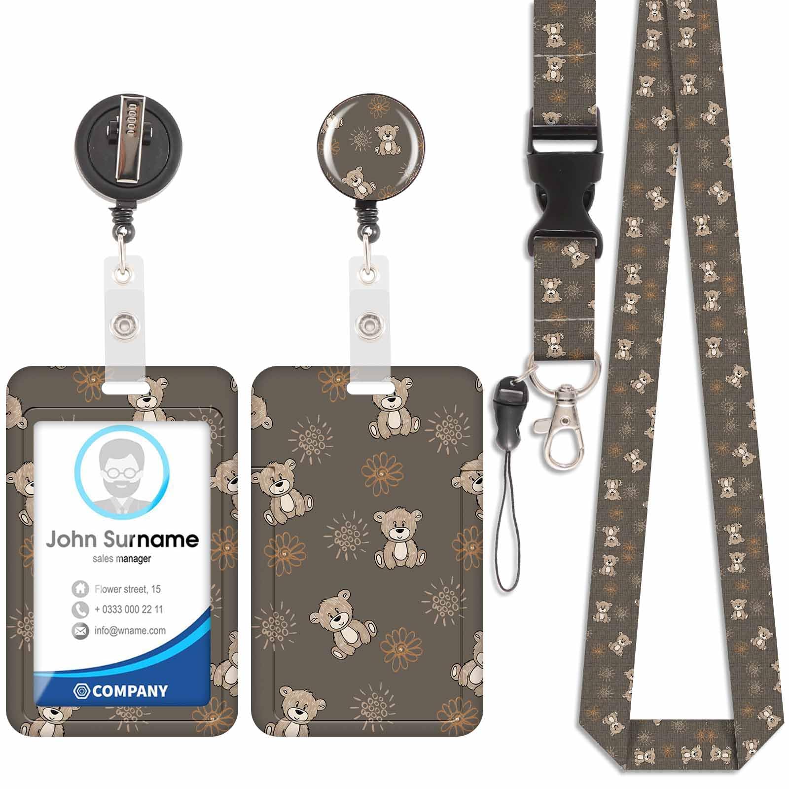 Badge Holder with Lanyard, ID Badge Holders with Detachable Cute Lanyard, Retractable Badge Reel Carabiner Clip, Personalized Vertical Card Cover Case Protector for Nurse Teacher Student (Bear-1)
