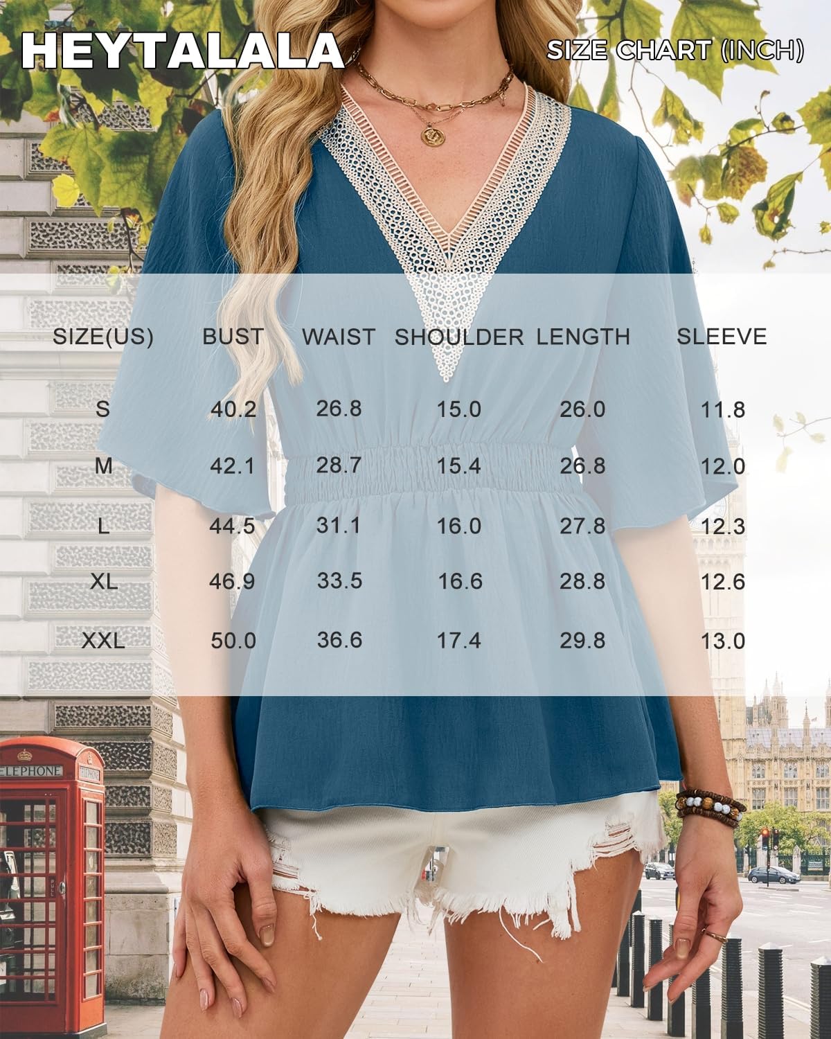 HEYTALALA Womens Summer Tops Dressy Casual Ruffle Short Sleeve Lace V Neck Smocked Peplum Blouses Babydoll Shirts - Image 8