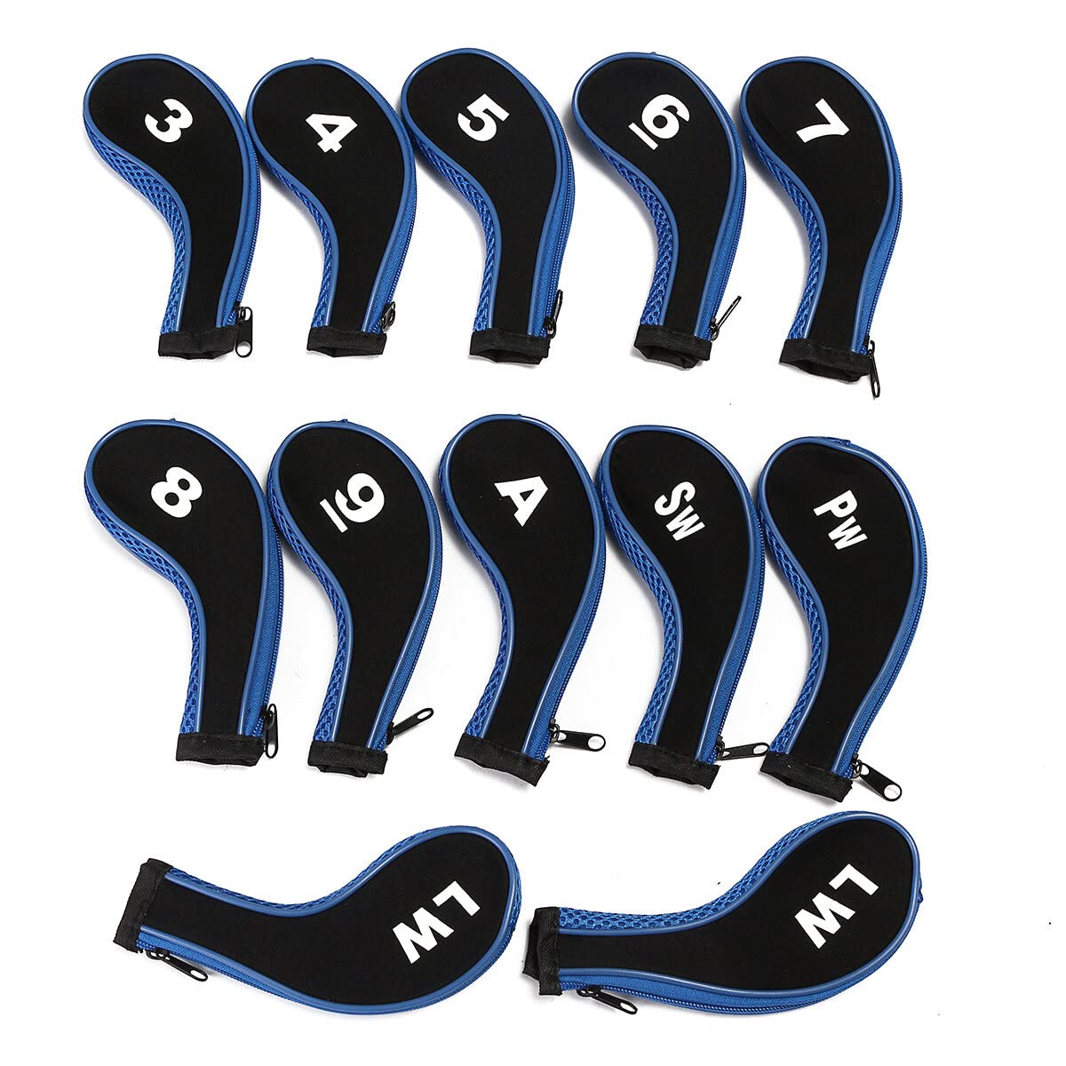 WnewTools 12Pcs/set Golf Clubs Iron Head Covers Driver Professional Number Tag Headcovers Rubber Golf Long Neck Protector Case with Zipper Long Neck Blue