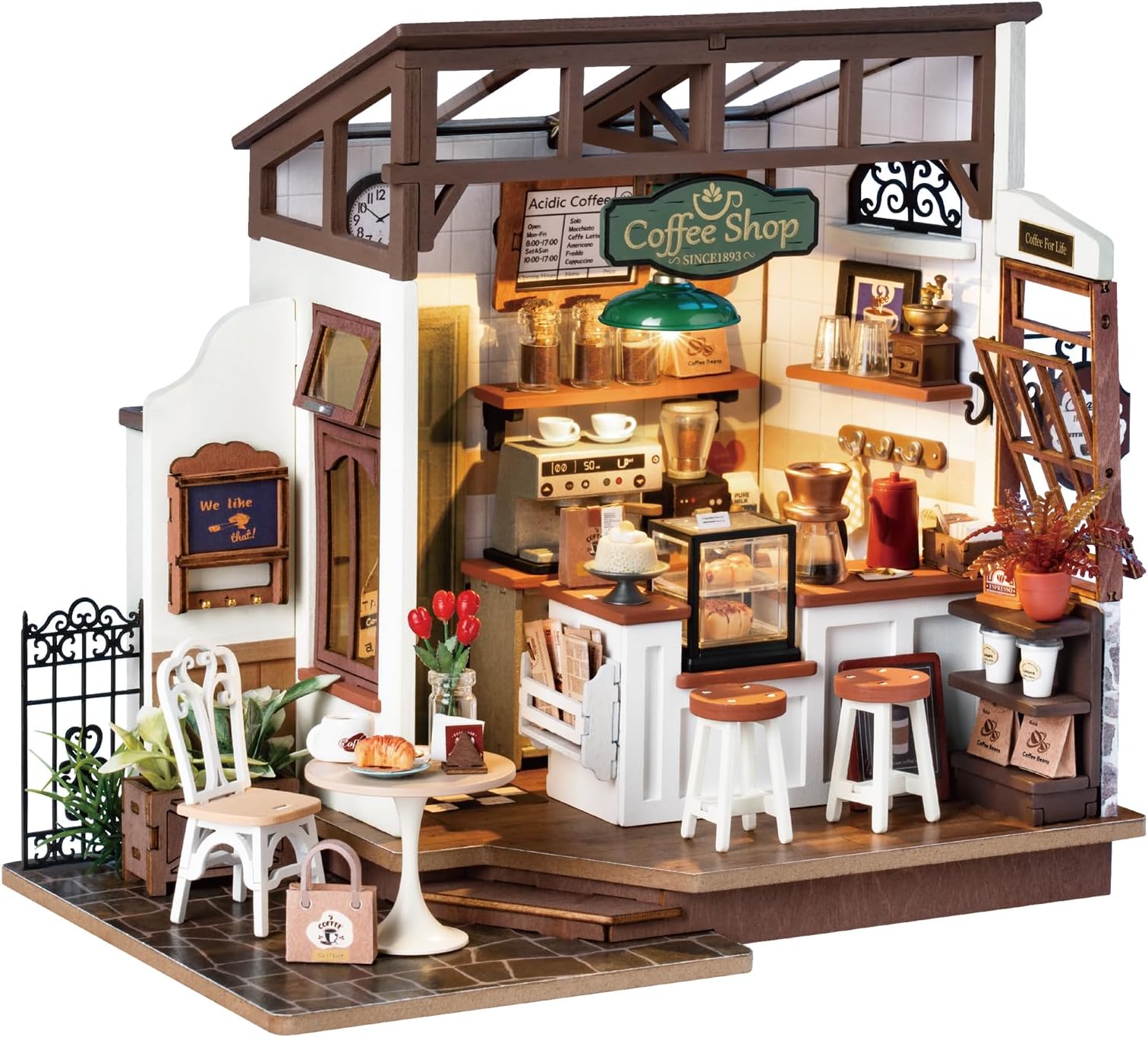 Rolife Dollhouses Café Miniature Wooden Doll House Kit with Furniture Wooden Building Kits with LED Lights for Girls and Women