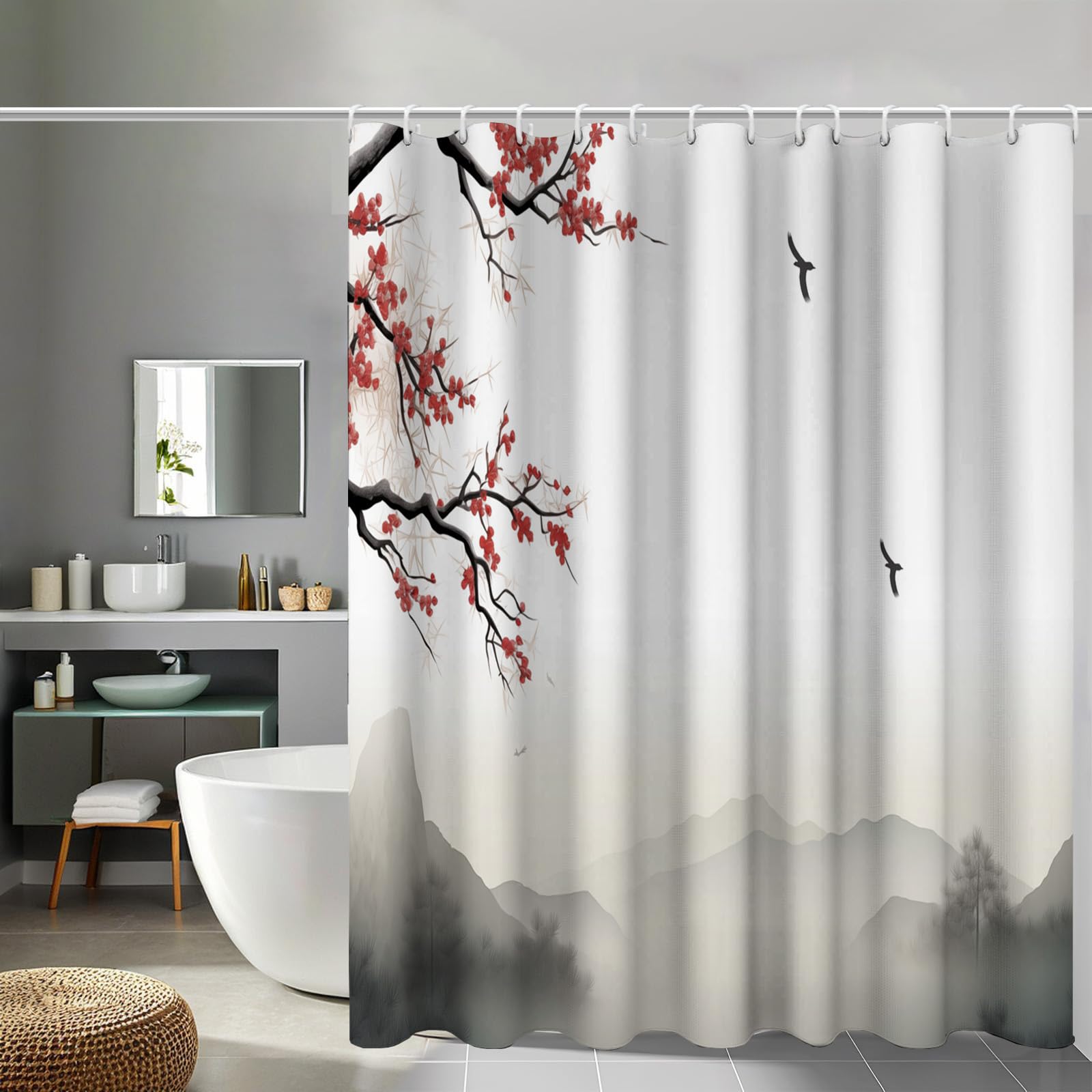 Rideau de douche fleurs de prunier en tissu haut de gamme lavable 180x200