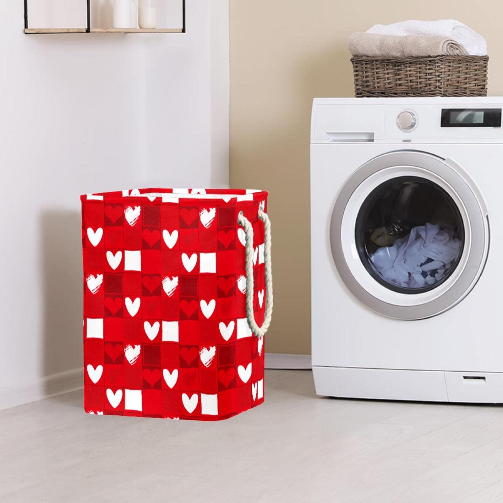 Cesta impermeable para la ropa sucia con asa, diseño de corazón rojo