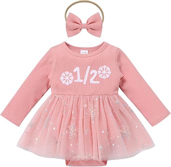 AWIBMK Half Birthday Outfits Baby Girls Snowflake Pumpkin 1/2 Long Sleeve Romper Dress Headband Photo Shoot Outfits