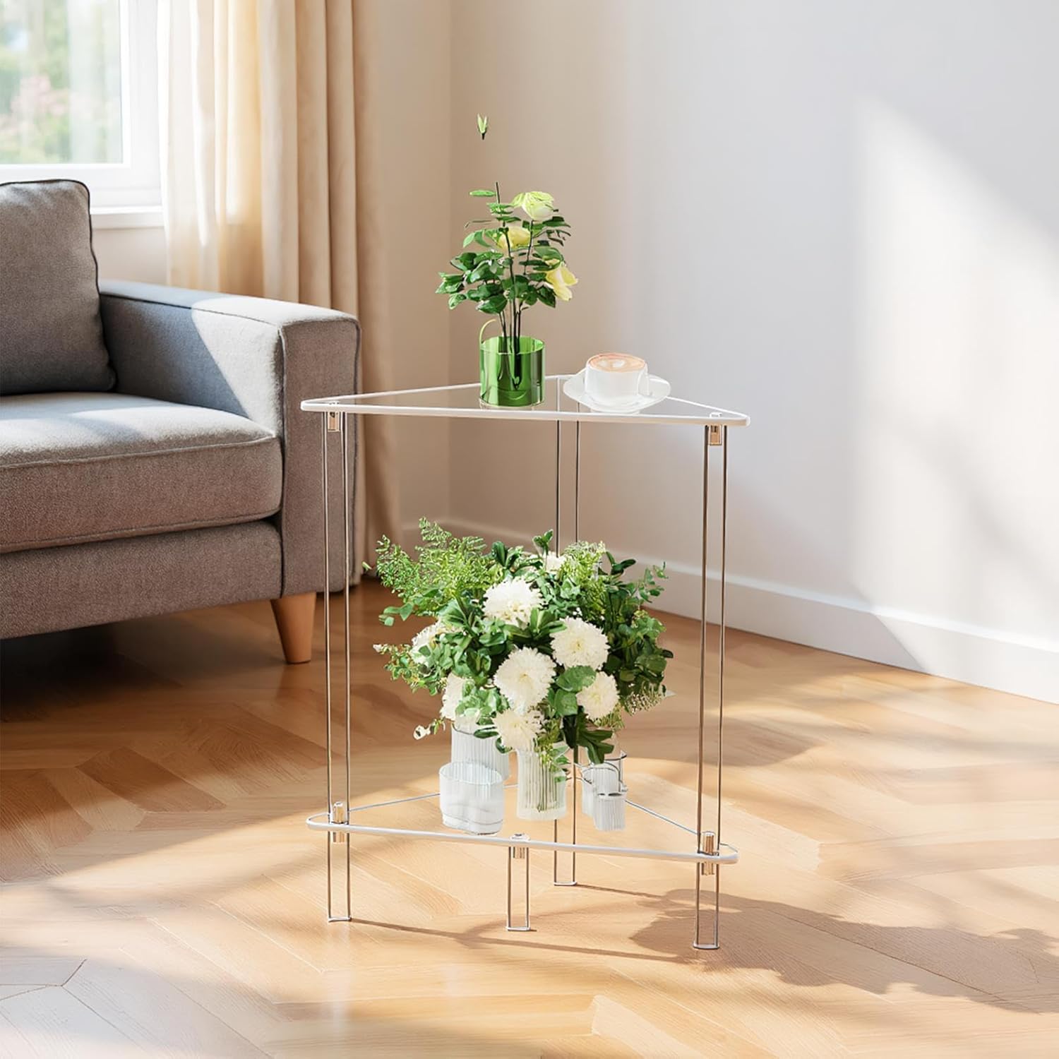 アクリルサイドテーブル 透明 三角形 2段収納 クリアテーブル ベッドサイドテーブル ナイトスタンド モダンデザイン 小スペース用