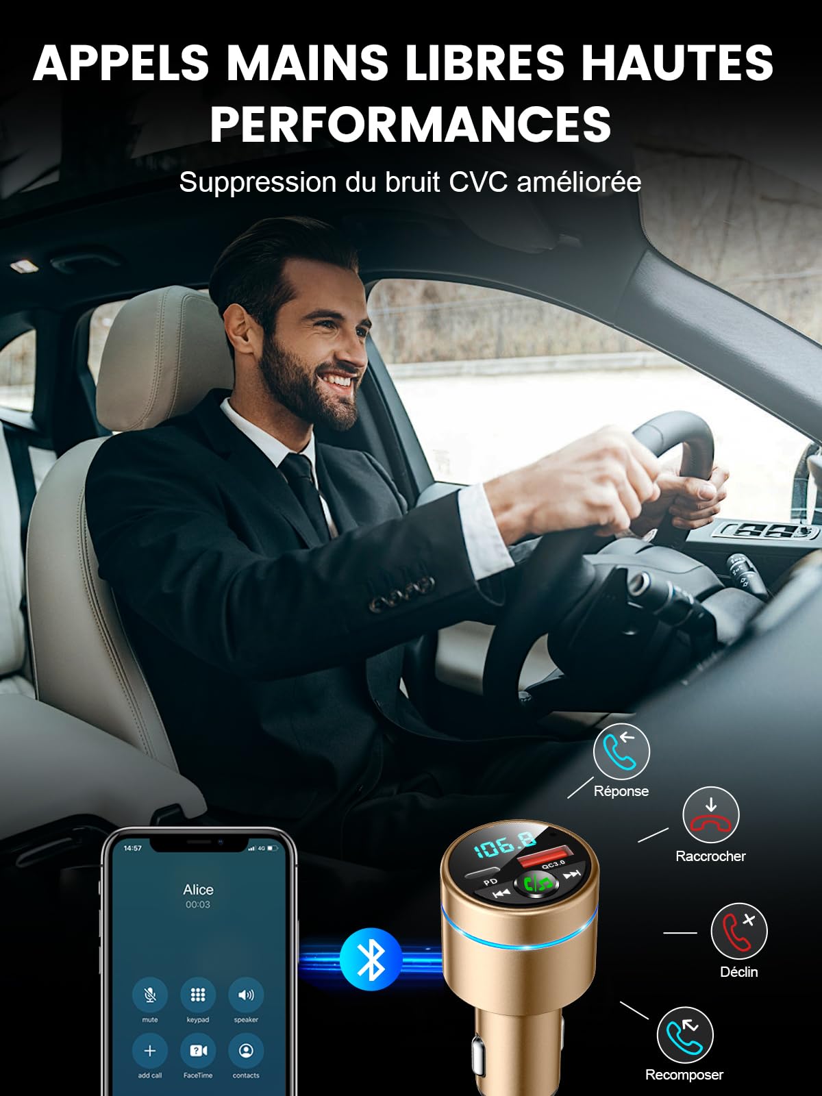 Mohard Transmetteur FM Bluetooth 5.3, Tout Métal Bluetooth Voiture, Chargeur Rapide de Voiture PD30W Type C+QC3.0, Adaptateur Bluetooth Autoradio, Suppression du Bruit, Appel Main Libre, Musique Hi-Fi
