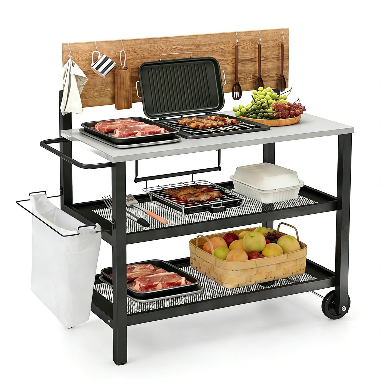 GIANTEX Grillwagen 4 Etagen mit Metall Arbeitsplatte & Müllsackhalter aufklappbarem Oberplatte Outdoor Servierwagen