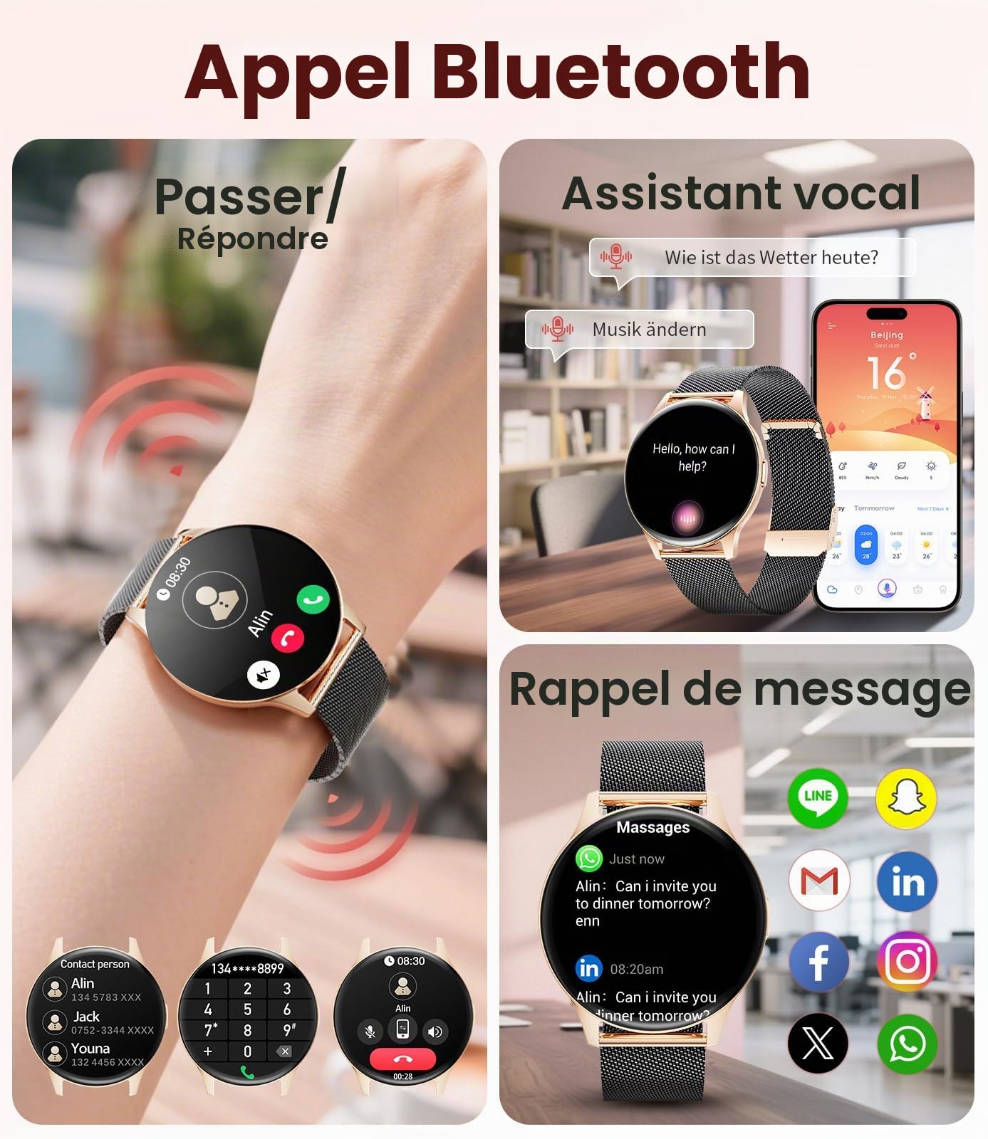 Montre Connectée Femme 2026 avec Appels - 7,99 mm Smartwatch Élégante Ultra-Mince avec Écran HD Always-On 1,43 pouces, IP67 Étanche, 100+ Modes Sport, Santé Féminine pour iOS Android, Or Noir