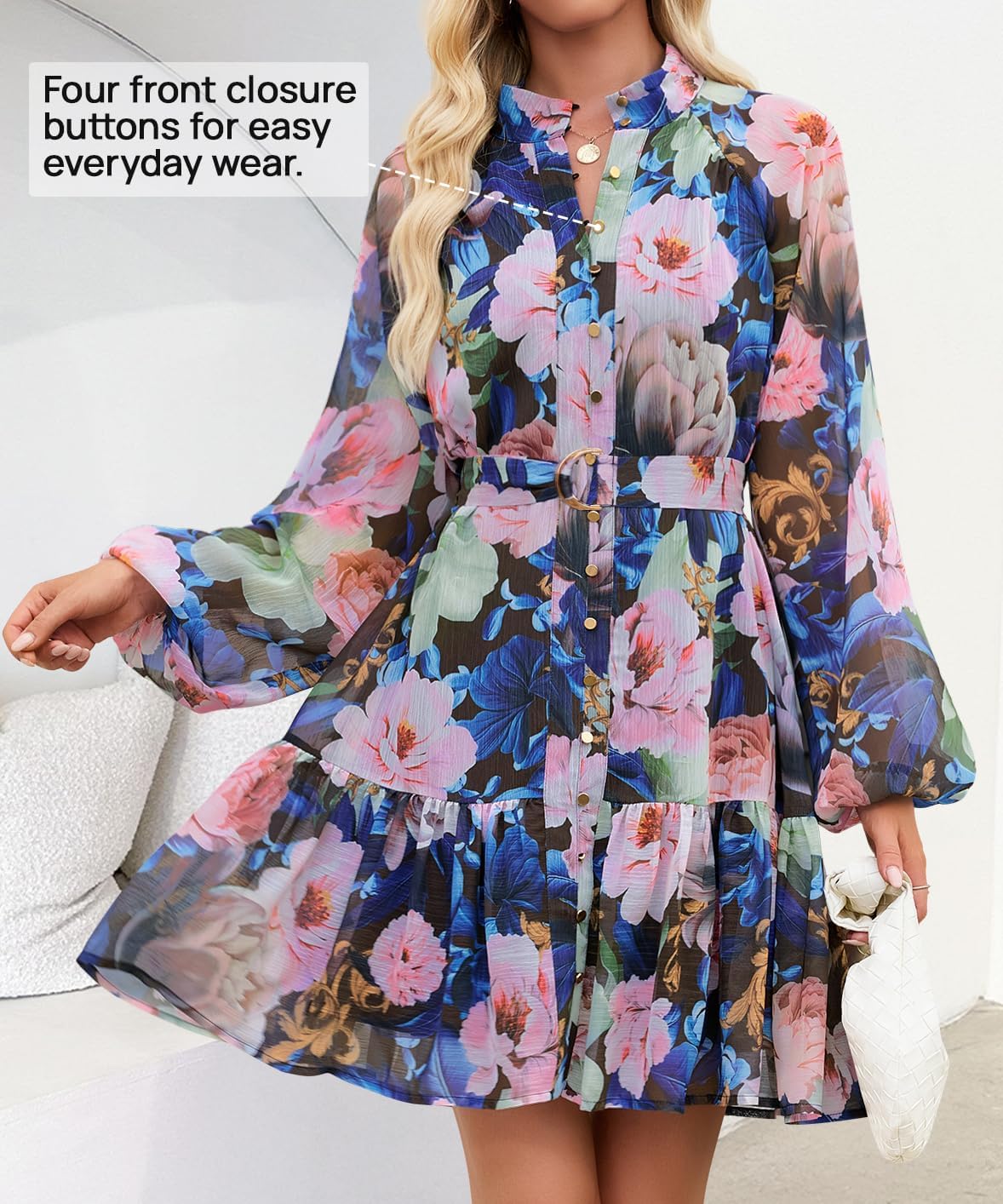 ZESICA Womens Spring Summer Floral Mini Dress Long Sleeve Button Chiffon A Line Swing Short Wedding Guest Party Dresses - Image 4