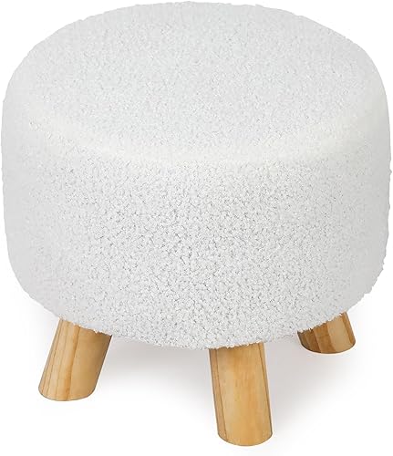 Miniatura 1 de Asense Reposapiés redondo otomano tapizado de piel sintética con patas de madera antideslizantes, color blanco