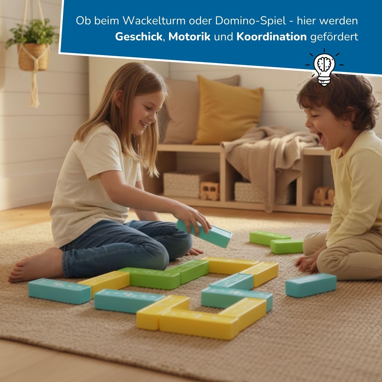 alldoro 60065 XXL Wackelturm & Domino 2 in 1, Geschicklichkeitsspiel im Jumbo-Format, 30 bunte Bausteine, inkl. Farbwürfel & Tasche, indoor & outdoor