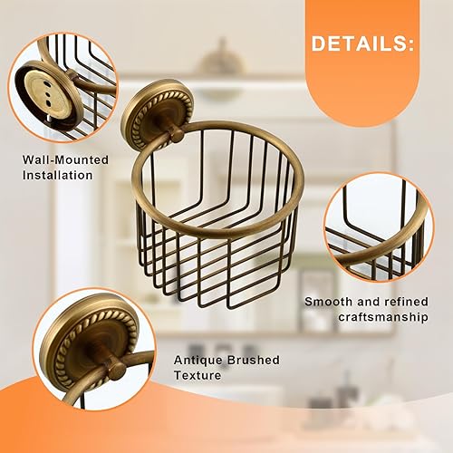 Miniatura 6 de Soporte de papel higiénico vintage montado en la pared para baño, cesta de alambre de tejido, latón antiguo