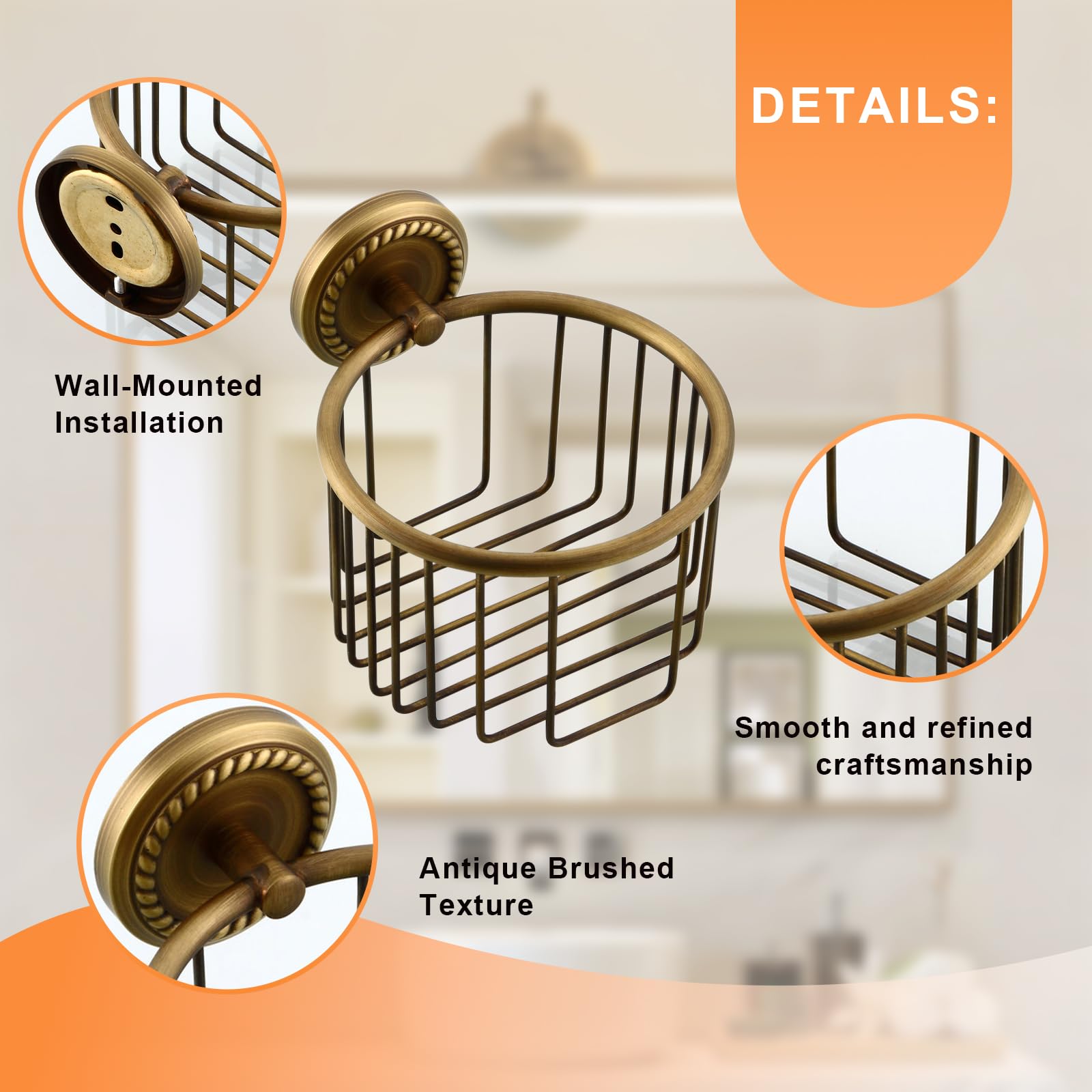 Vintage Toilet Paper Holder Wall Mounted Bathroom Roll Tissue Wire Basket, Antique Brass — Amazon image 6