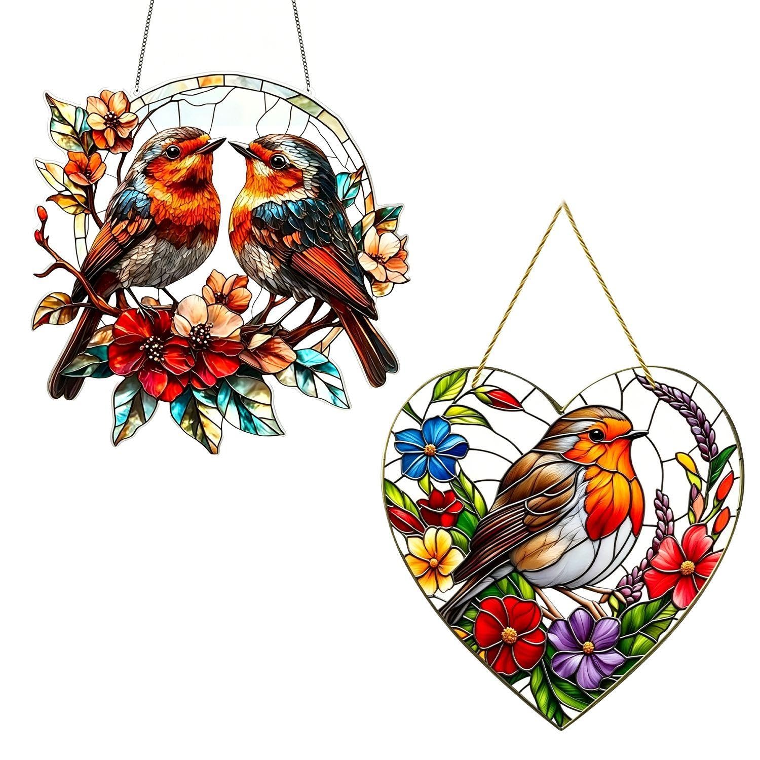 2 Pieces of Robin Hanging Decoration, Branch Bird Theme, Bright Light Transmission and Eye-Catching Colors, Home Gifts, Suitable for Garden, Balcony and Window Layout.
