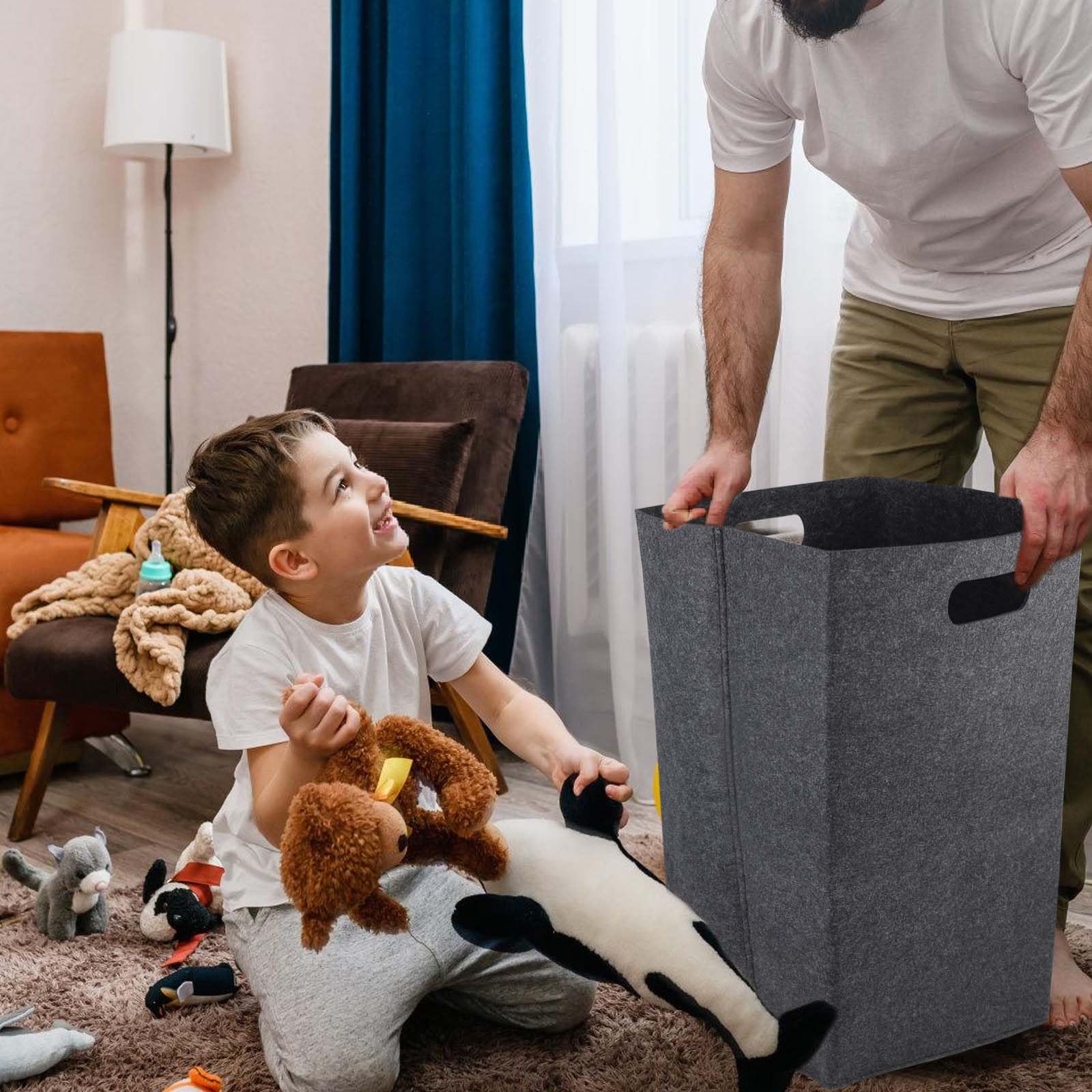 Cesto portabiancheria 60 l, 2 pezzi, in feltro sottile e pieghevole, per camera da letto, bagno, cucina e soggiorno, grande cestino, grigio scuro