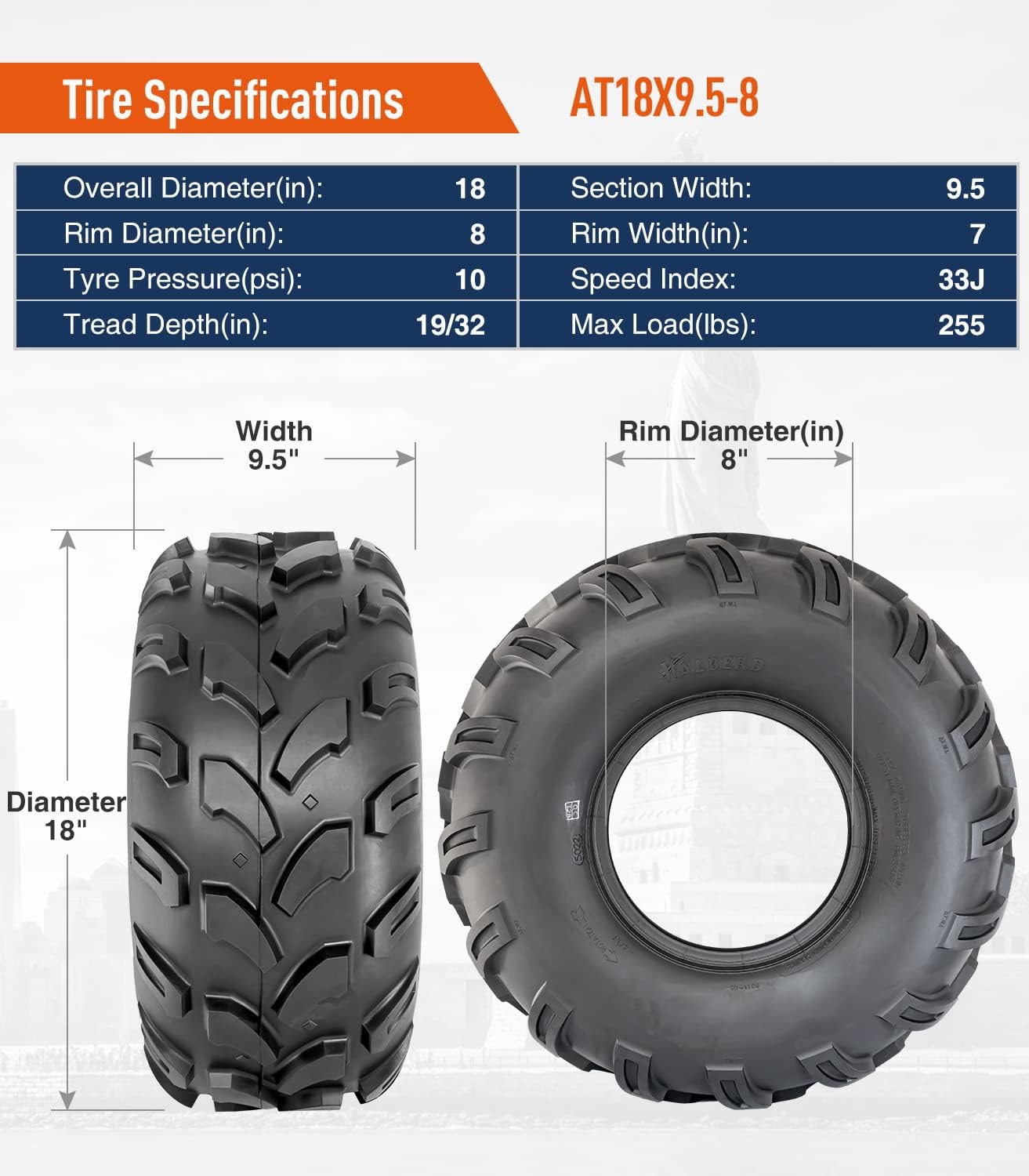 HALBERD 18x9.5-8 ATV Tires, 18x9.5x8 Sport Quad All Terrain UTV ATV Tires 4PR for Sand Mud Trail, Set of 2, Tubeless
