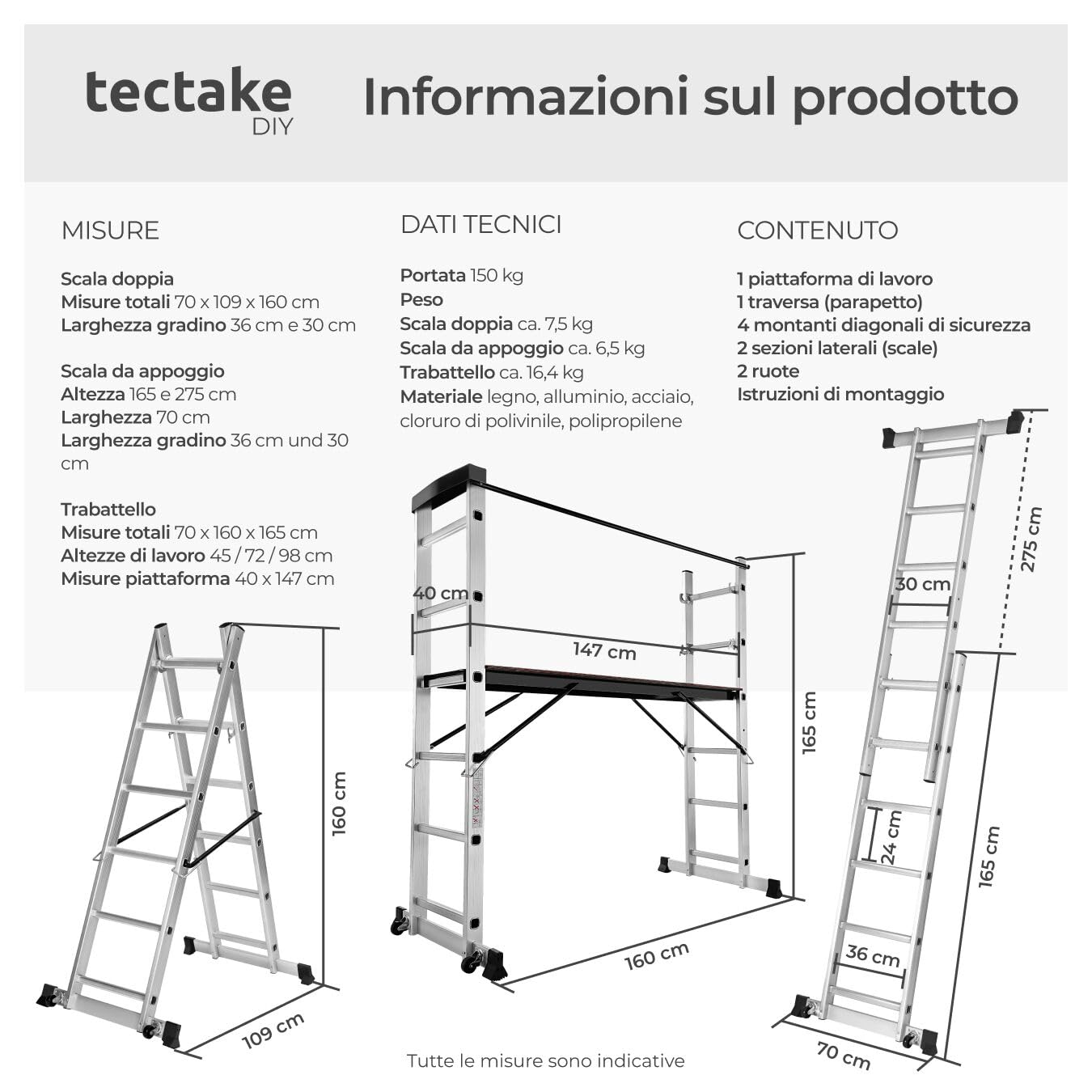 tectake® Scala Alluminio 4 in 1 Multifunzione con Piattaforma da Lavoro, Ponteggio da Lavoro con Ruote, Scala in Alluminio Pieghevole, Trabattello da Lavoro