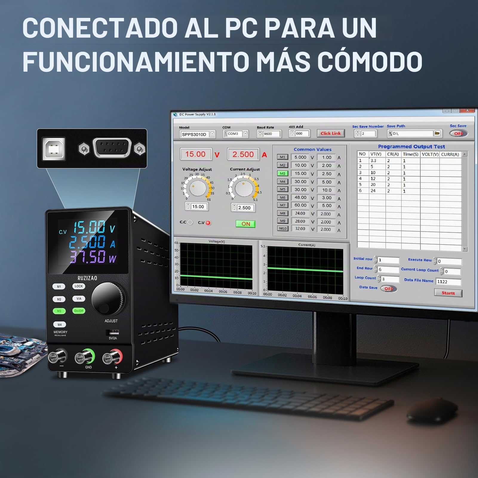 Fuente de Alimentación Regulable 200V 1A Programable para Mesa de Laboratorio con Software Para PC, Mando Codificador, Almacenamiento en Memoria, Interruptor de Salida, Botón de Bloqueo