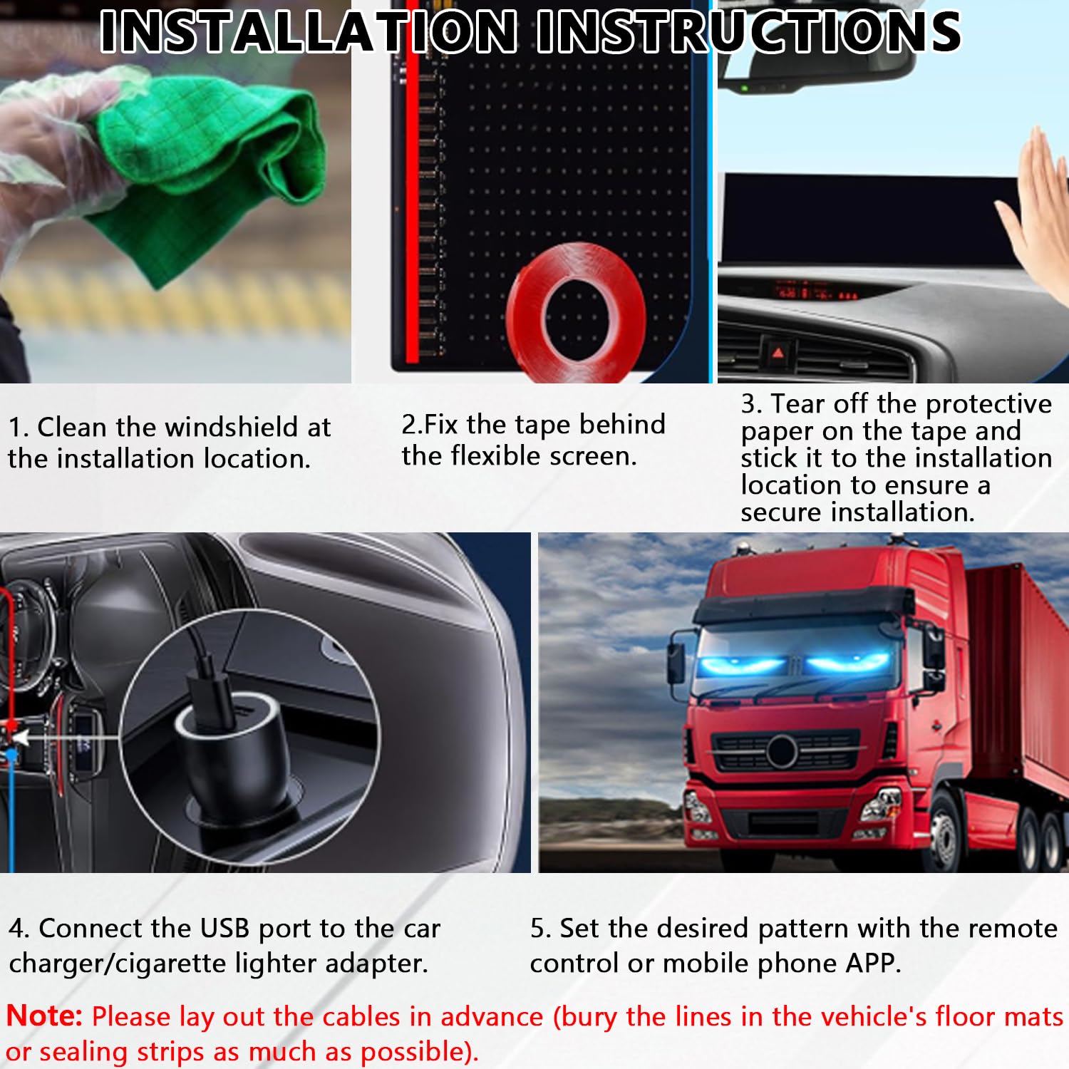 Lot de 2 Yeux LED pour Voiture - 10,2 x 34,8 cm - Yeux LED pour Camion - Programmables - avec contrôle par Application et télécommande pour Texte de Voiture et Camion (Pixels 20 x 64)