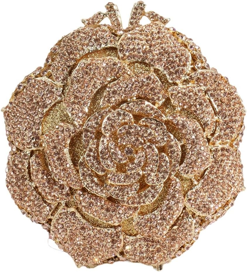 RomanticDesign Women Round Rose Flower Rhinestone Clutch Bag Elegant Crystal Bride Purse for Evening Party Prom Wedding