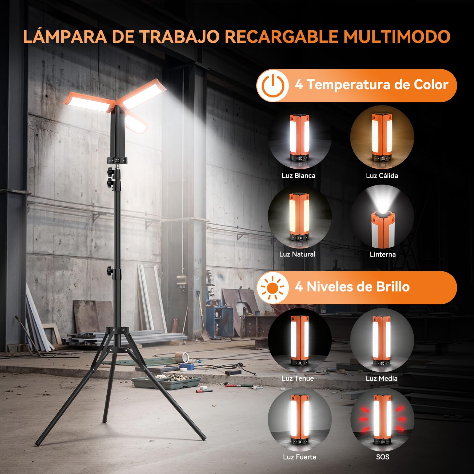 Lámpara de Camping Recargable con Trípode, 12000 mAh, 3 Colores de Luz, Trabajo LED Regulable de 6000 lm con Gancho Magnético y SOS, IP65, Adecuada para Talleres, Obras de Construcción y Emergencias.