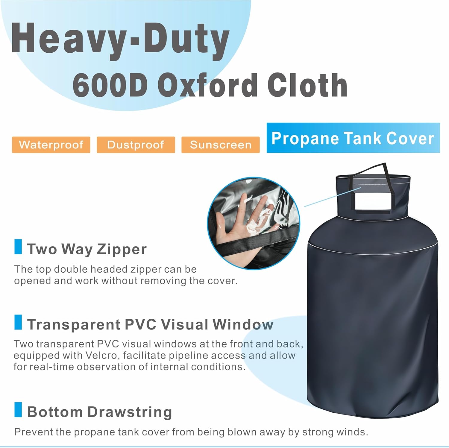 Propane Tank Cover for 420LB (120 Gallon), 600D Heavy Duty Waterproof & Dustproof - Openable Top Zipper and Side Transparent PVC Windows