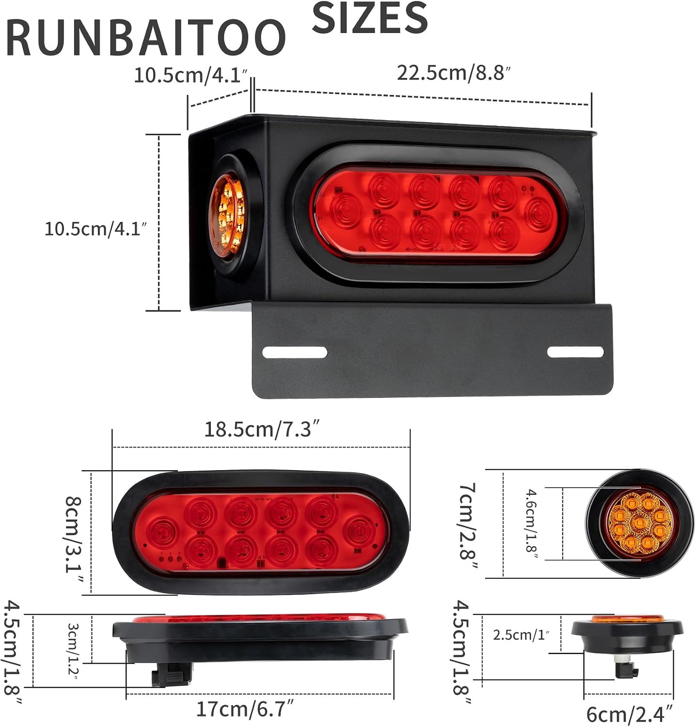 2PCS Steel Trailer Light Boxes Housing Kit with 6-Inch Oval LED Tail Lights (10LED) and 2-Inch Round LED Side Marker Lights (9LED), Grommets & Wire Connectors Included (RED+AMBER)