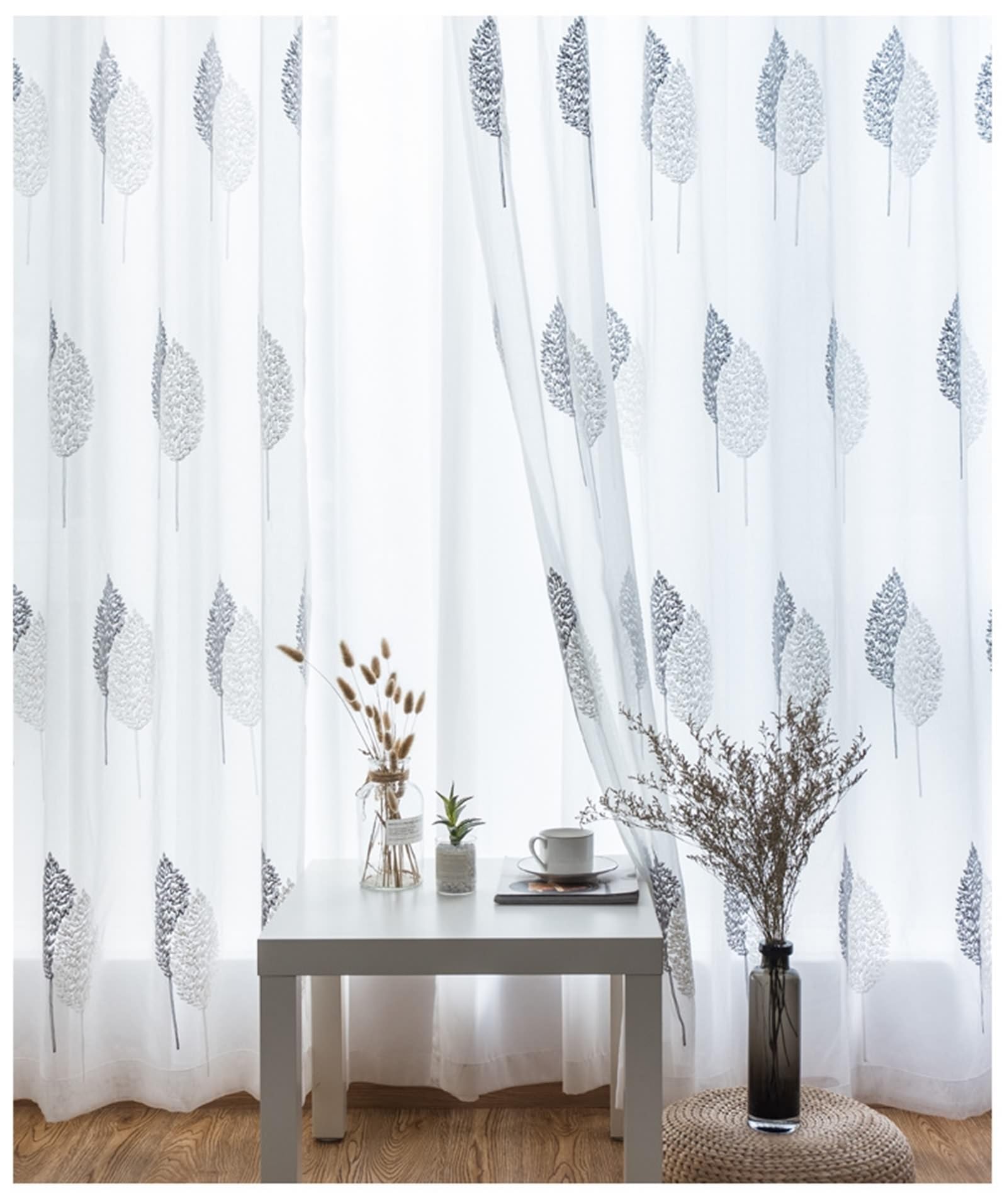 Rideaux transparents anti-vis-à-vis pour salon lumineux, voilage brodé arbre lot de 2