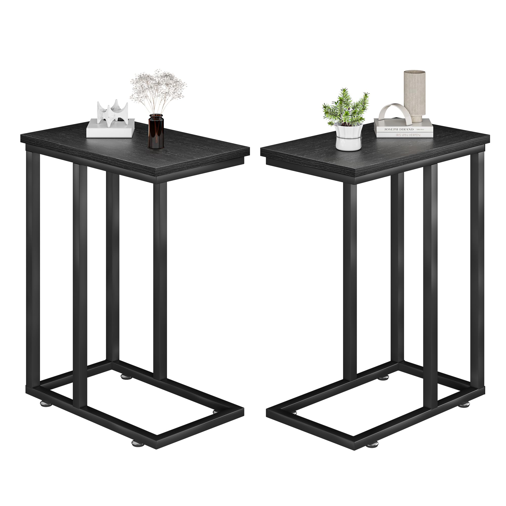 VECELO Universal C-Shaped Side Table, Multi-Functional Snack & TV Tray for Living Room, Bedroom, Black (2 Set)