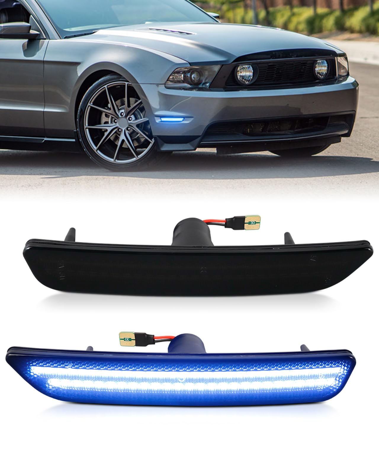 Front Blue LED Side Marker Lights Compatible for Ford Mustang 2010-2014, Driver & Passenger Side Fender Marker Lamps, Smoked Lens Pack of 2