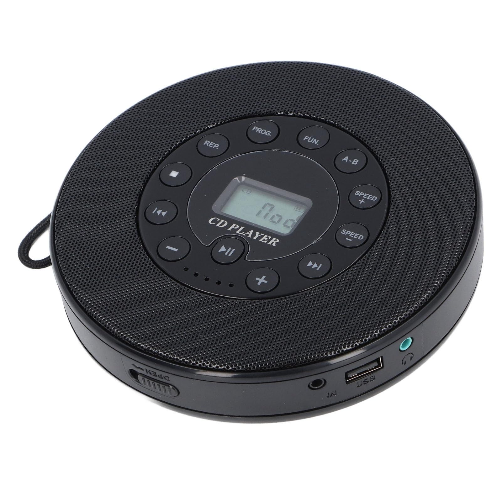 Lecteur CD Bluetooth portable avec haut-parleur, lecteur CD anti-basculement pour voiture, compatible MP3, prise en charge USB, microphone intégré (noir)