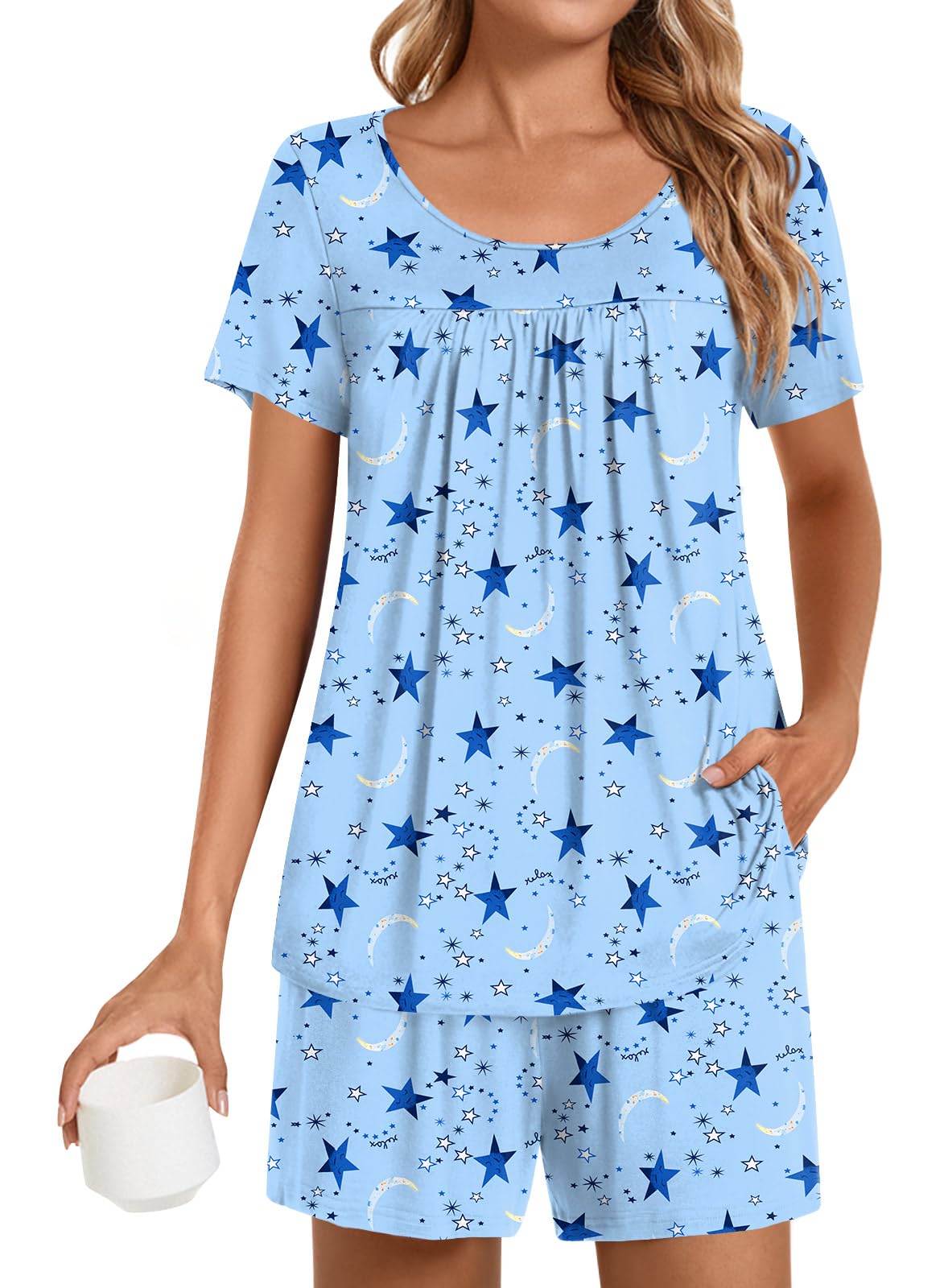 POPYOUNG Womens Pajama Sets Summer Short Sleeves 2 Piece Lounge Sleepwear Ladies Pjs Sets with Pockets