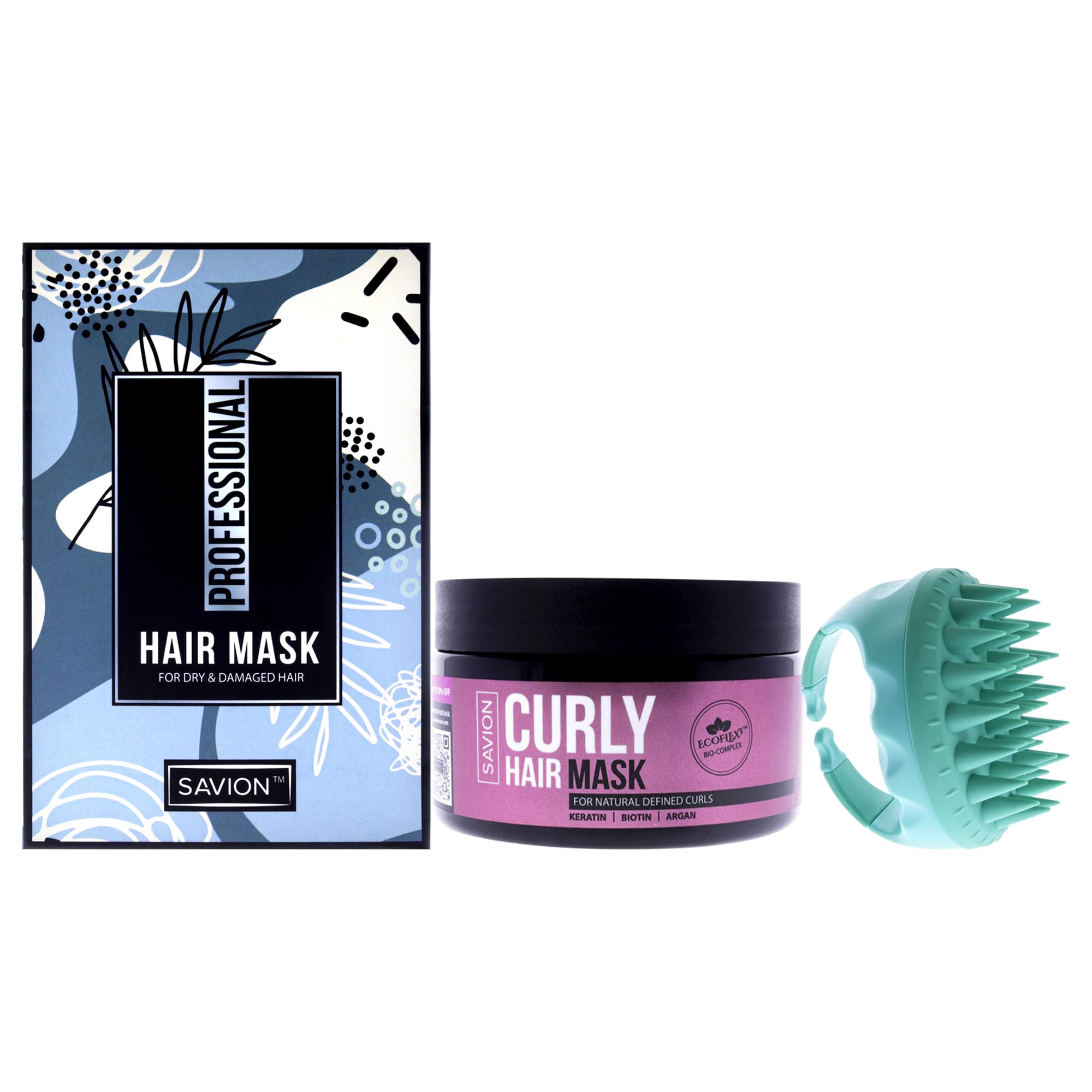 Savion Curly Hair Mask - Bundle for Women - 2 Pc 8.45oz Masque, Scalp Massager