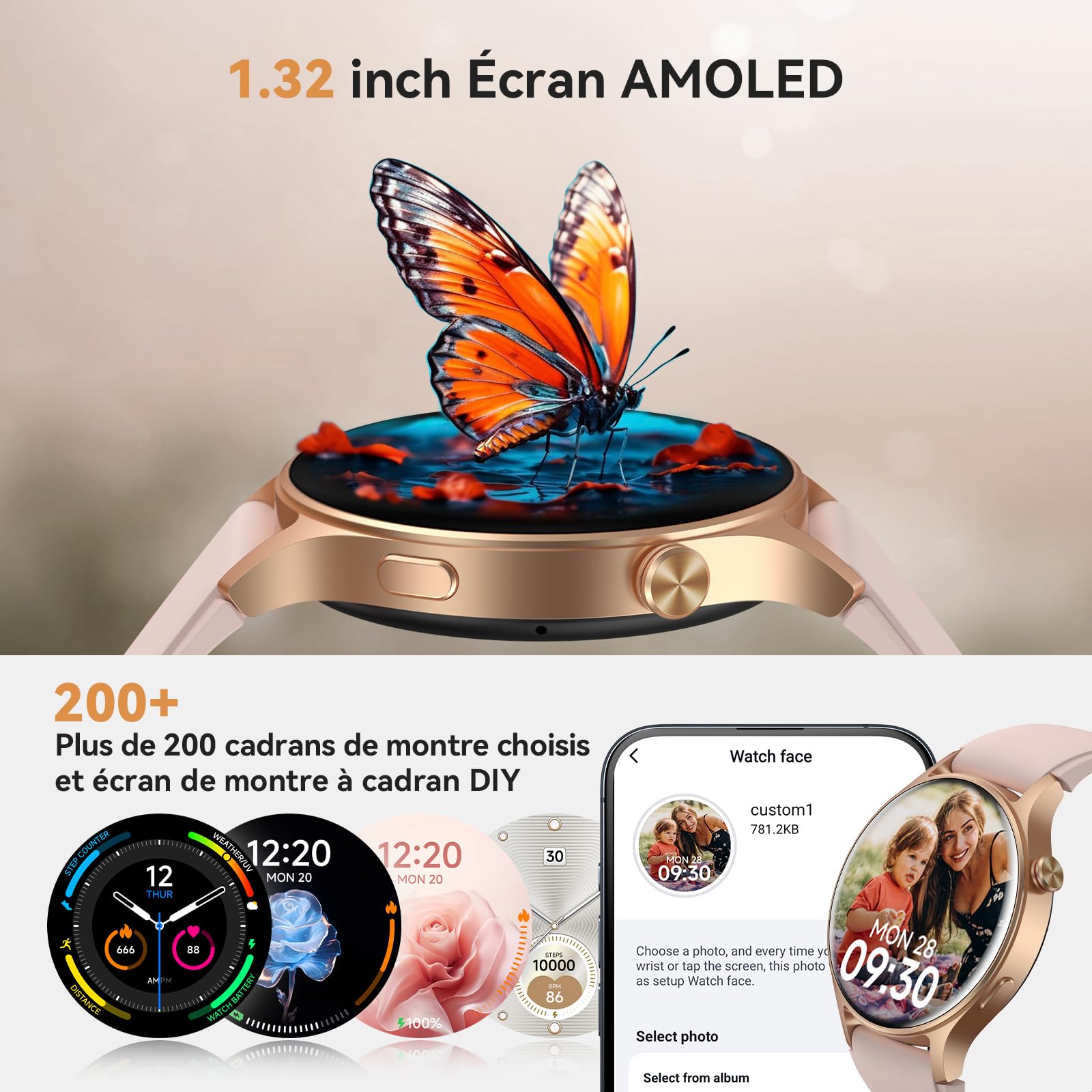 Montre Connectée Femme avec Appel,1.32" AMOLED Smartwatch Femme Always-on Display Fonction,120+ Modes Sport/Fréquence Cardiaque/Sommeil/SpO2,Montre de Fitness Podomètre Calories Android iOS