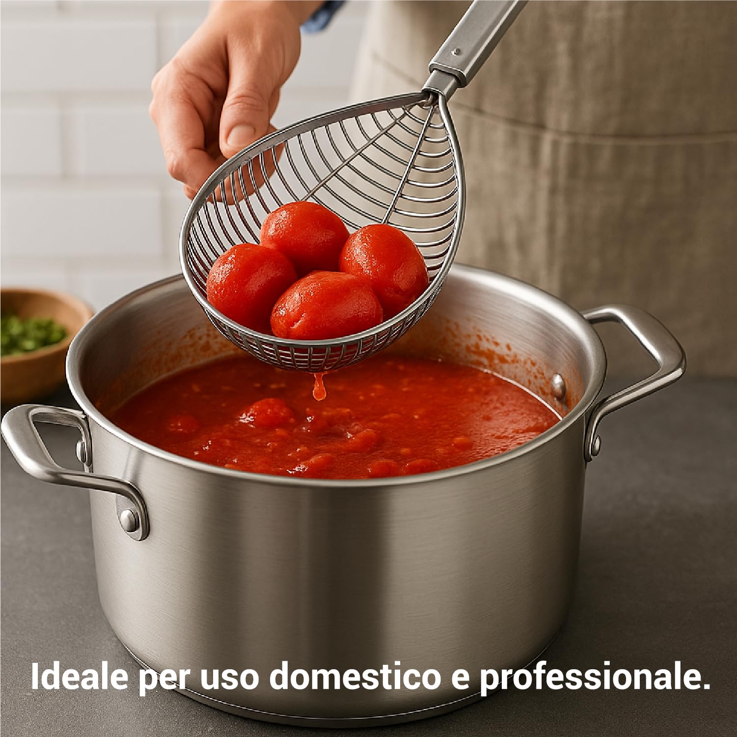 Crisalide® Colapomodoro in Alluminio Pressofuso – Manico 73 cm, Coppa da 26 cm – Utensile Professionale per Estrarre Pomodori e Alimenti