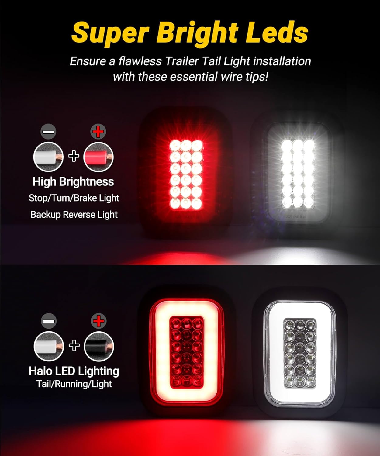 5x3 Rectangle LED Stop Brake Turn Tail Lights Reverse Backup Running Lights Halo LED Flatbed Truck Trailer Hitch Tail Lights w/Rubber Grommet 3 Prong Trailer Wire Pigtails Plug 4Pcs Red & 2Pcs White