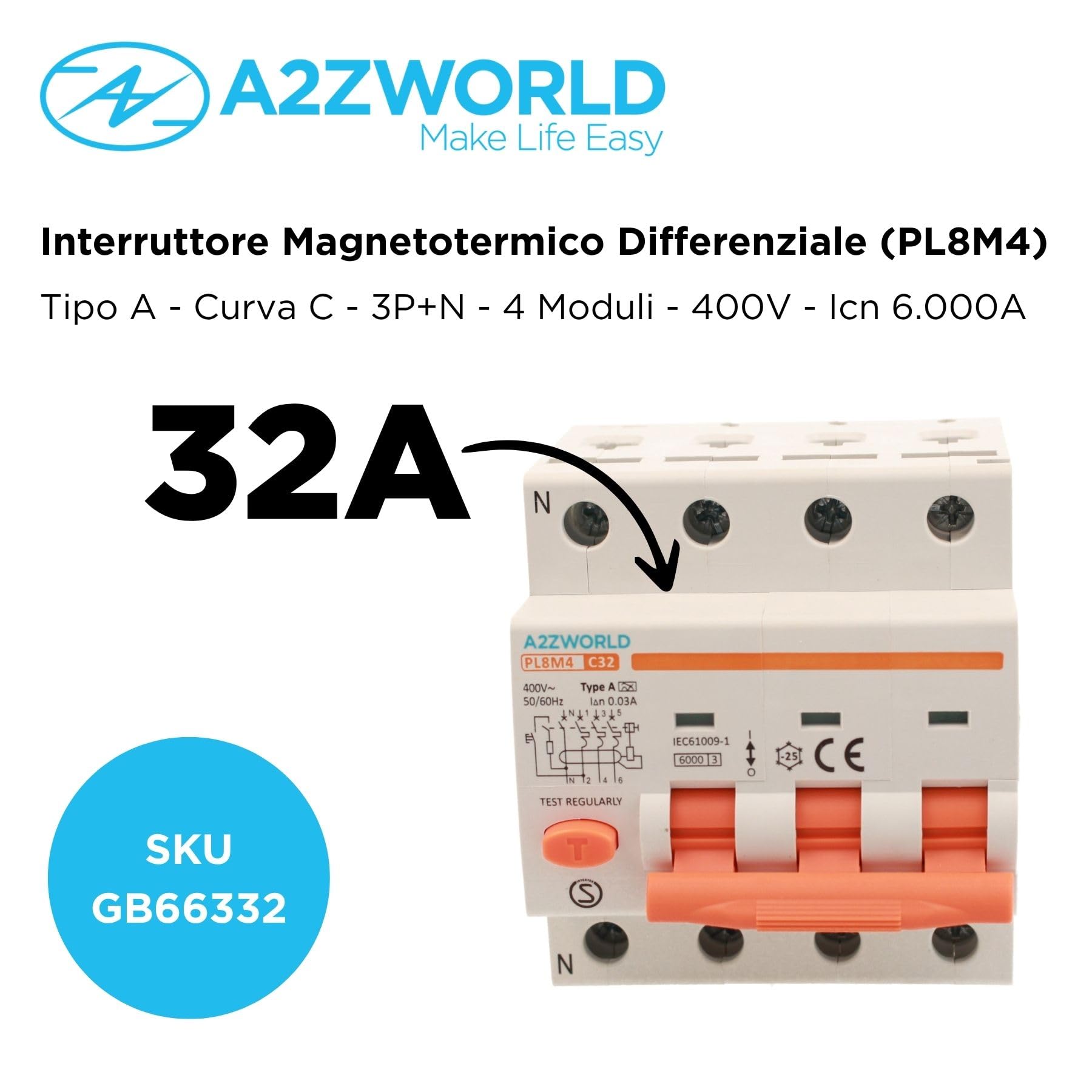 Interruptor diferencial magnetotérmico trifásico tipo A, 32 A C32, RCBO 3P+N 6 kA 30 mA Curva C 380 V, 4 módulos DIN, serie PL8M4 profesional electromagnética