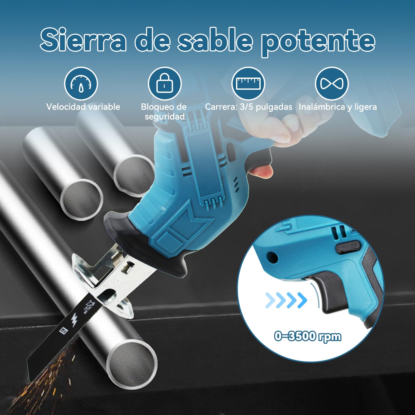 Sierra alternadora eléctrica inalámbrica con 4 cuchillas – Compatible con batería Makita 18 V – Para madera y metal – Sin batería ni cargador